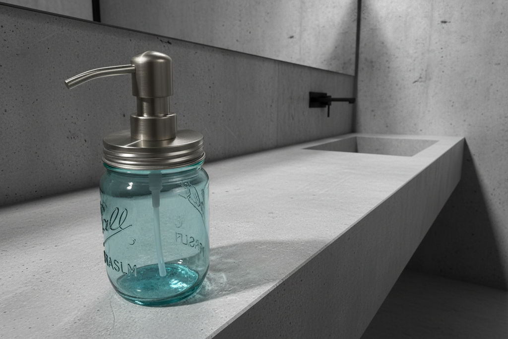 Blue mason jar soap dispenser on a concrete countertop with a mirror in the background.