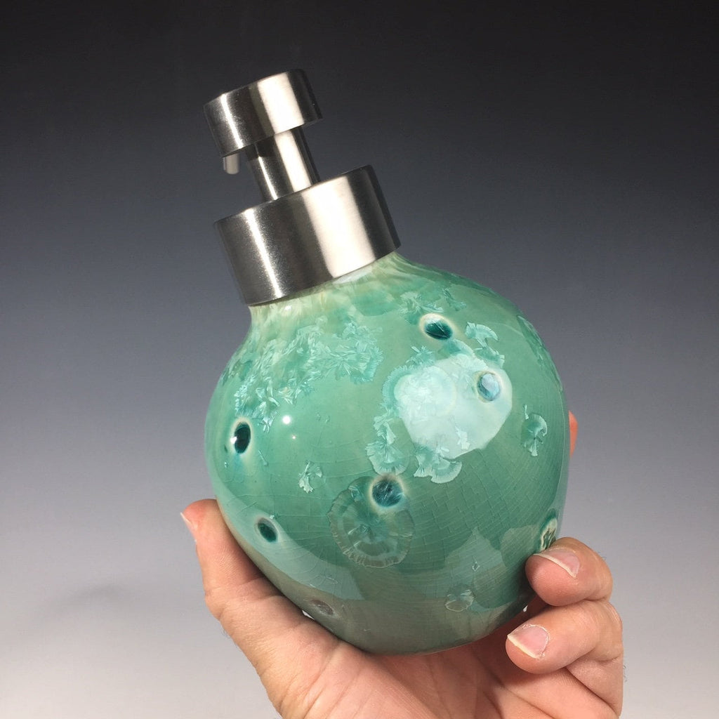 Foaming soap pump caribbean blue green,  with stainless foam soap top