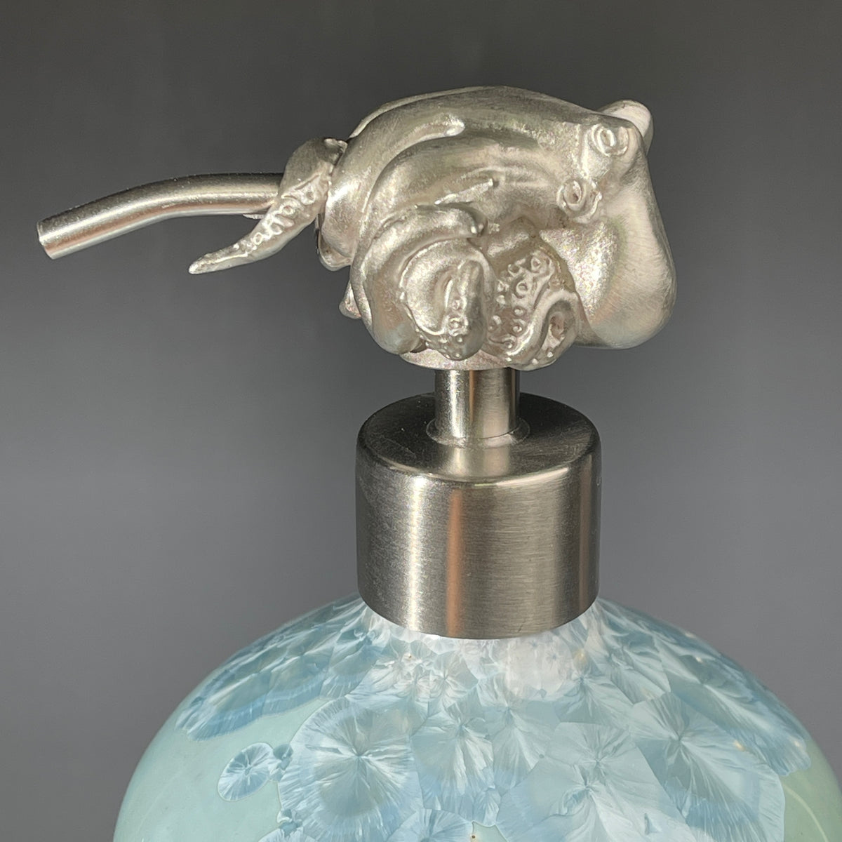 octopus topped pewter handmade soap pump, soap pump bottle is crystalline glazed porcelain in ocean hues