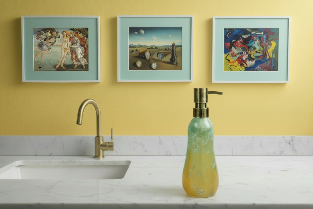 artistic soap dispenser in aqua fade to golden sunrise toned crystalline glaze