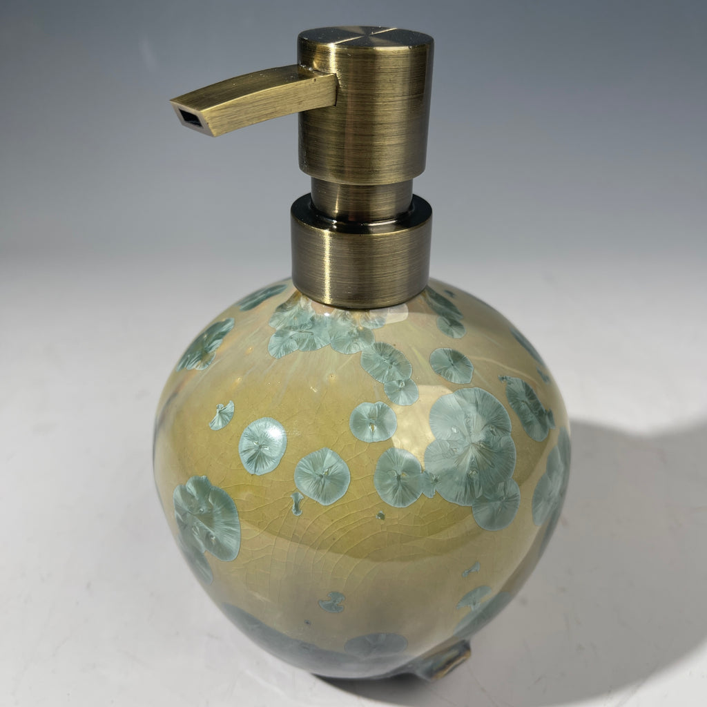 handmade soap dispenser with amazing crystalline formations in the glaze in green hues