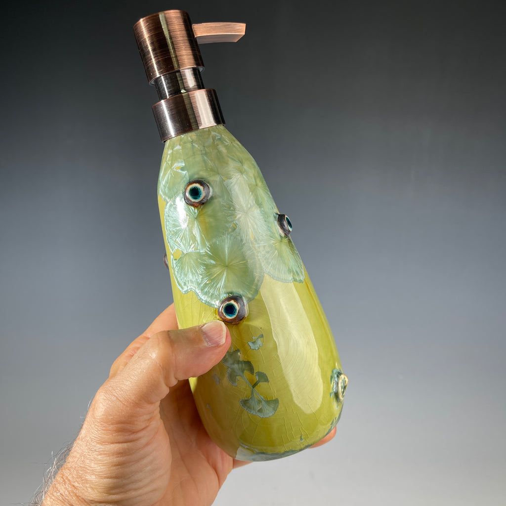 yellow green  macro crystal glazed handmade soap dispenser  mid century modern vibe