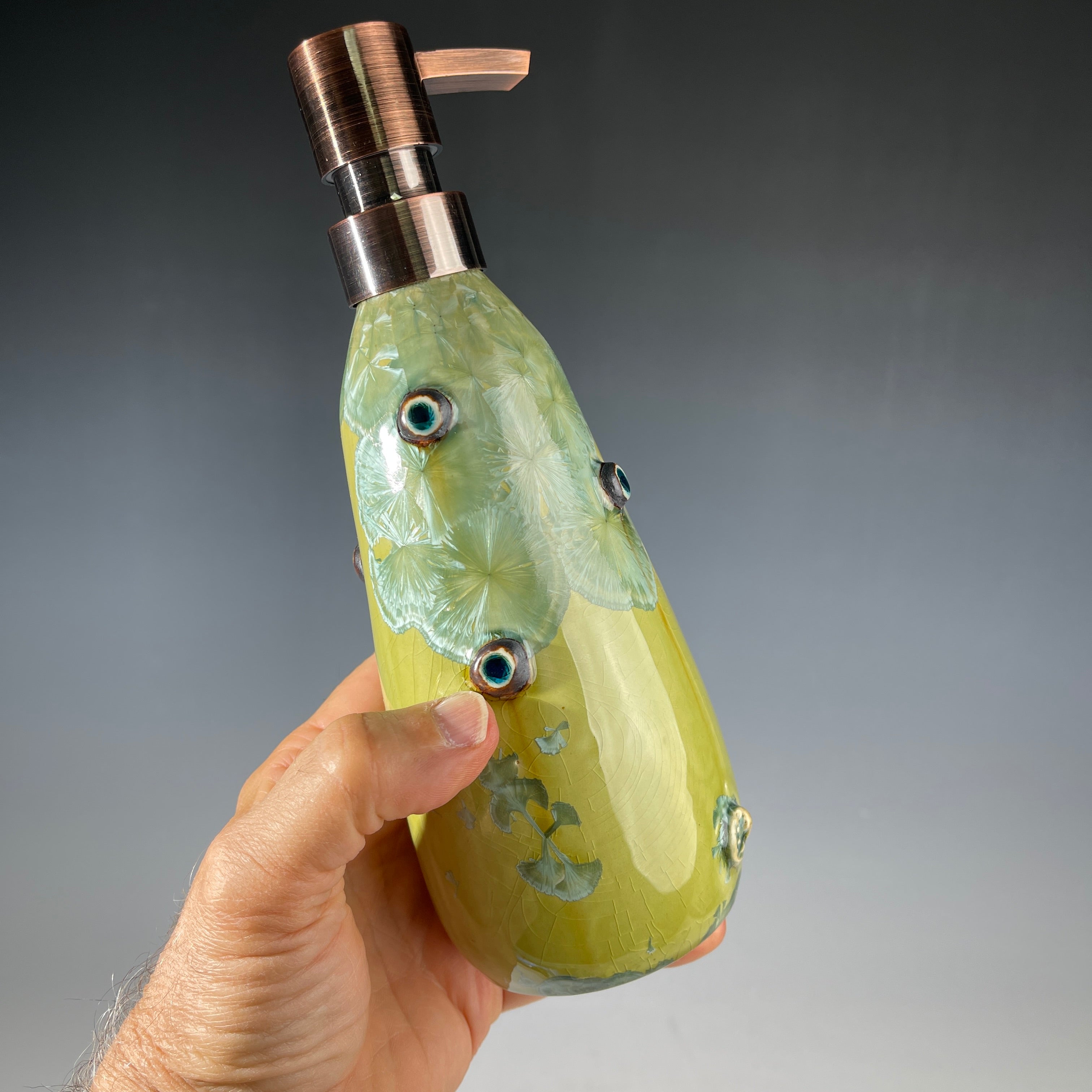 yellow green  macro crystal glazed handmade soap dispenser  mid century modern vibe