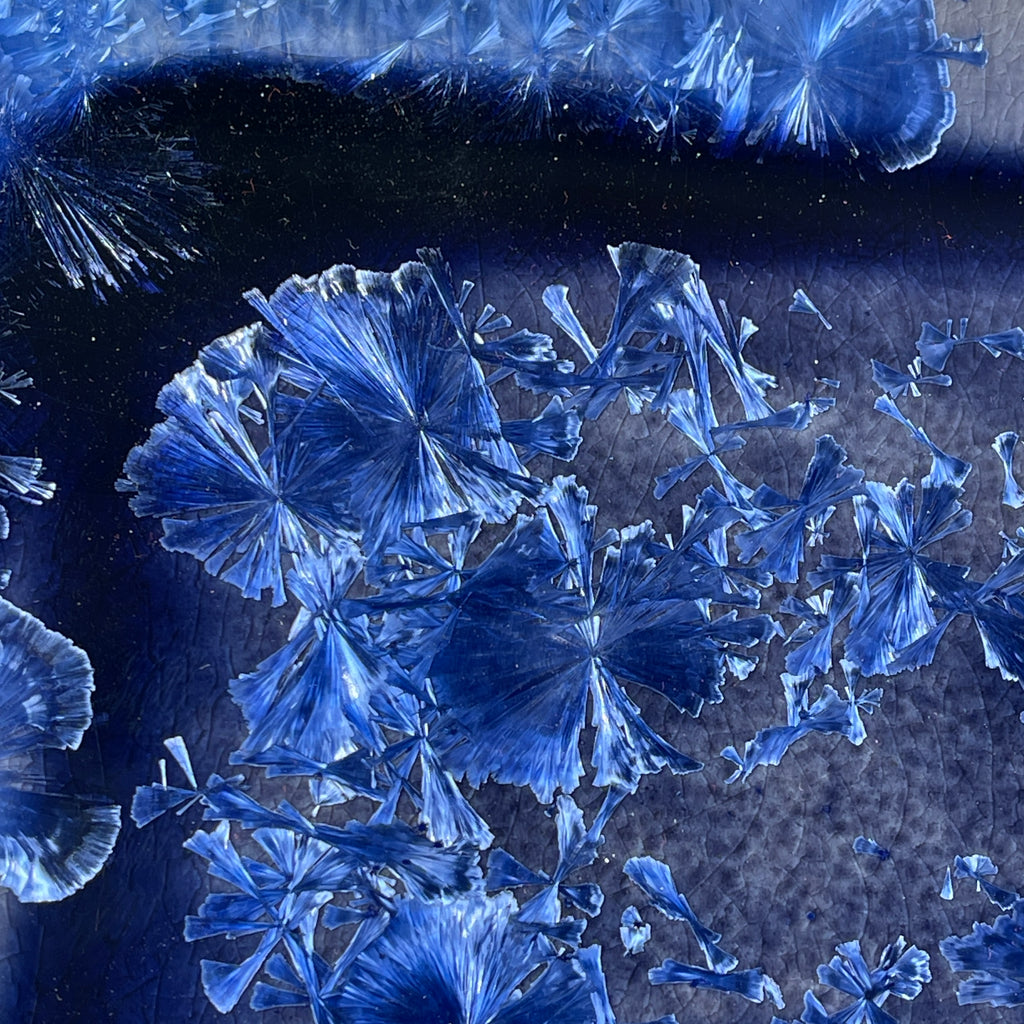 Blue purple macro crystalline glazed tray by Hong Rubinstein close up