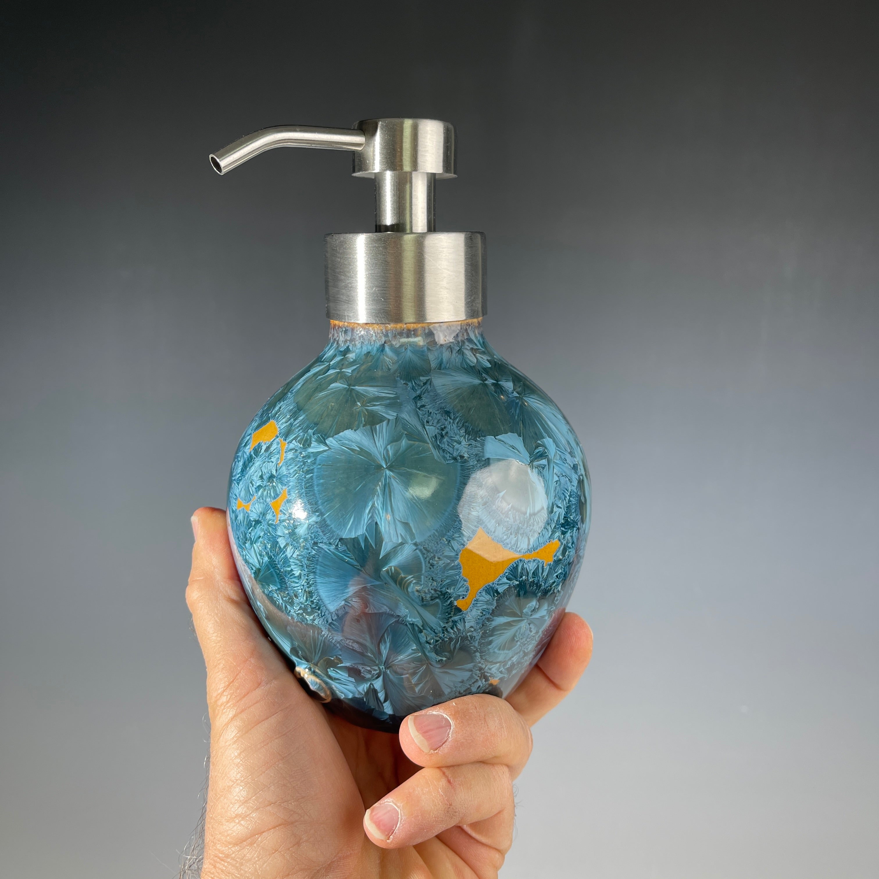 Foam Soap Pump, big Amber orange with blue crystalline glaze with stainless top