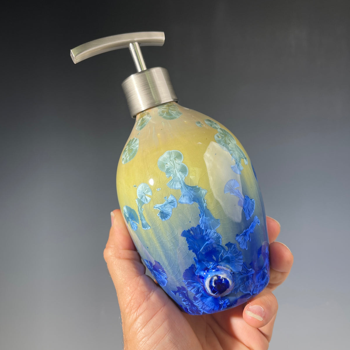 chartreuse to cobalt crystalline glazed soap dispenser