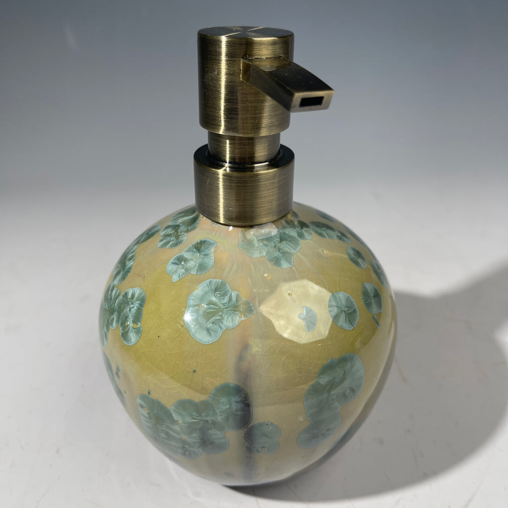 handmade soap dispenser with amazing crystalline formations in the glaze in green hues