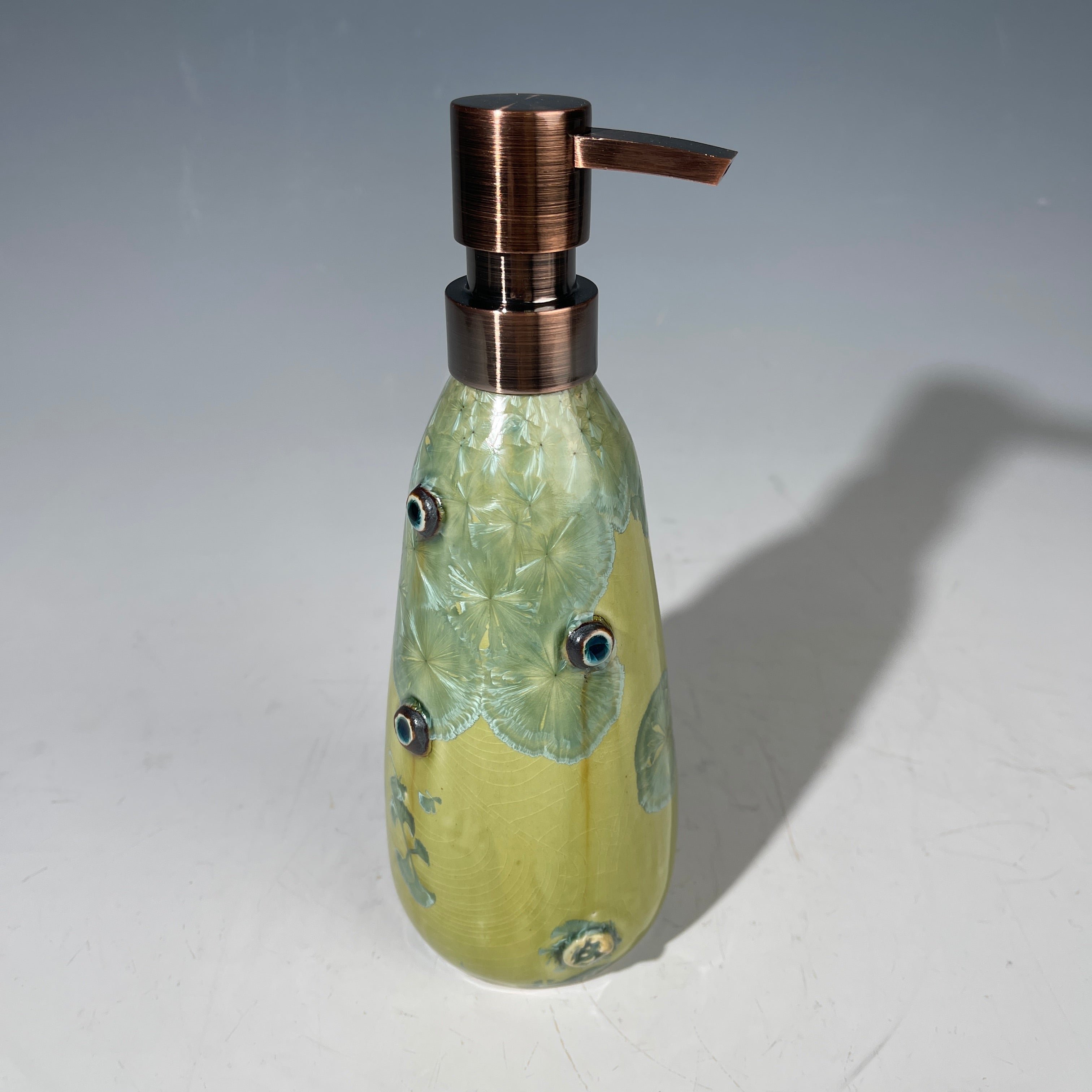 yellow green  macro crystal glazed handmade soap dispenser  mid century modern vibe
