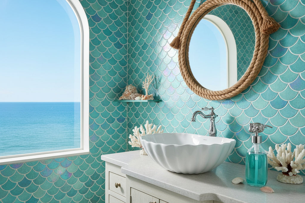 octopus soap dispenser in an ai generated mermaid bathroom
