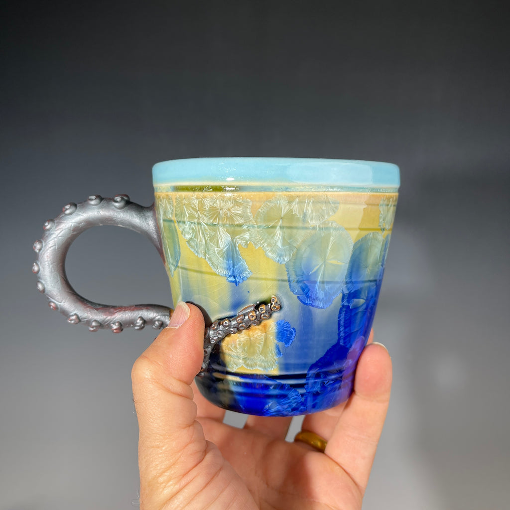 Octo-cup octopus tentacled cup with green blue sparking crystalline glaze by Adam & Hong Rubinstein 