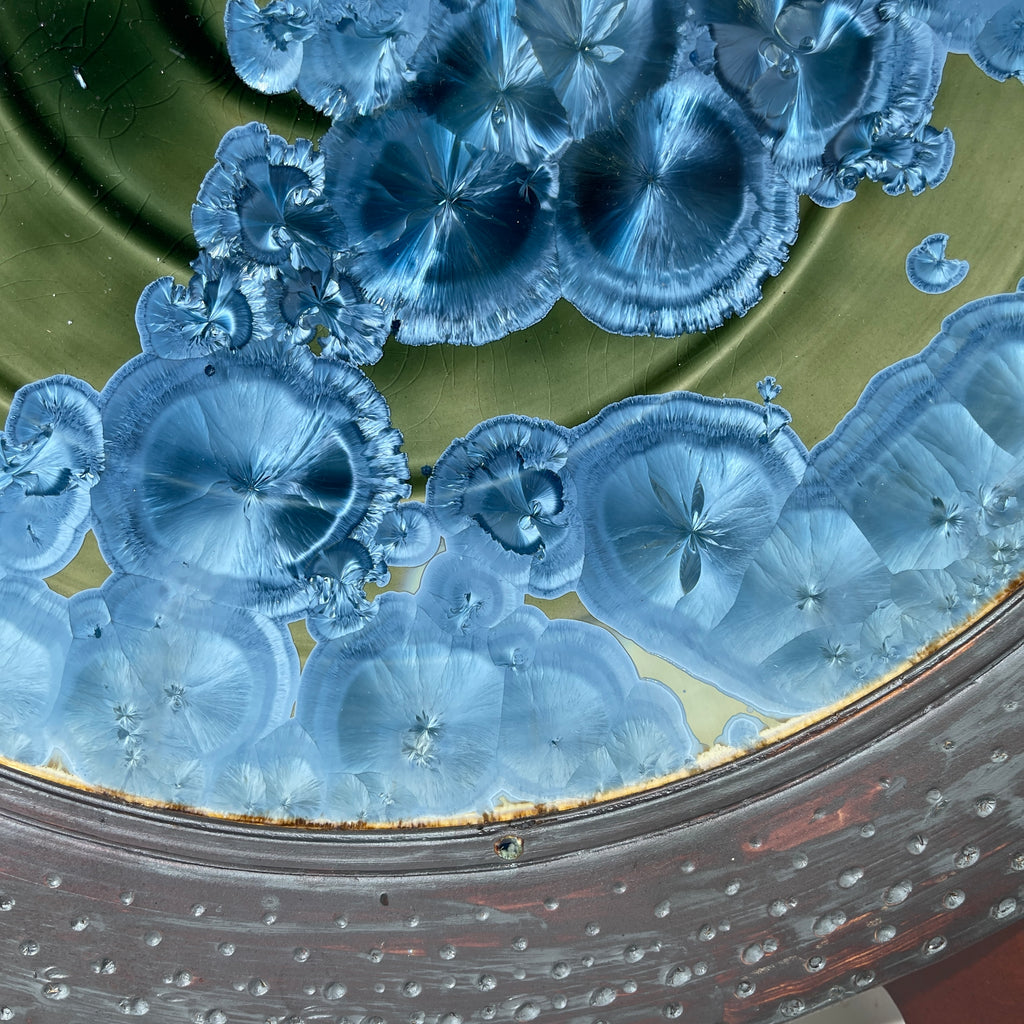 macro crystalline glazed hand made platter by Adam and hong Rubinstein olive to sparkling blue crystalline glazed