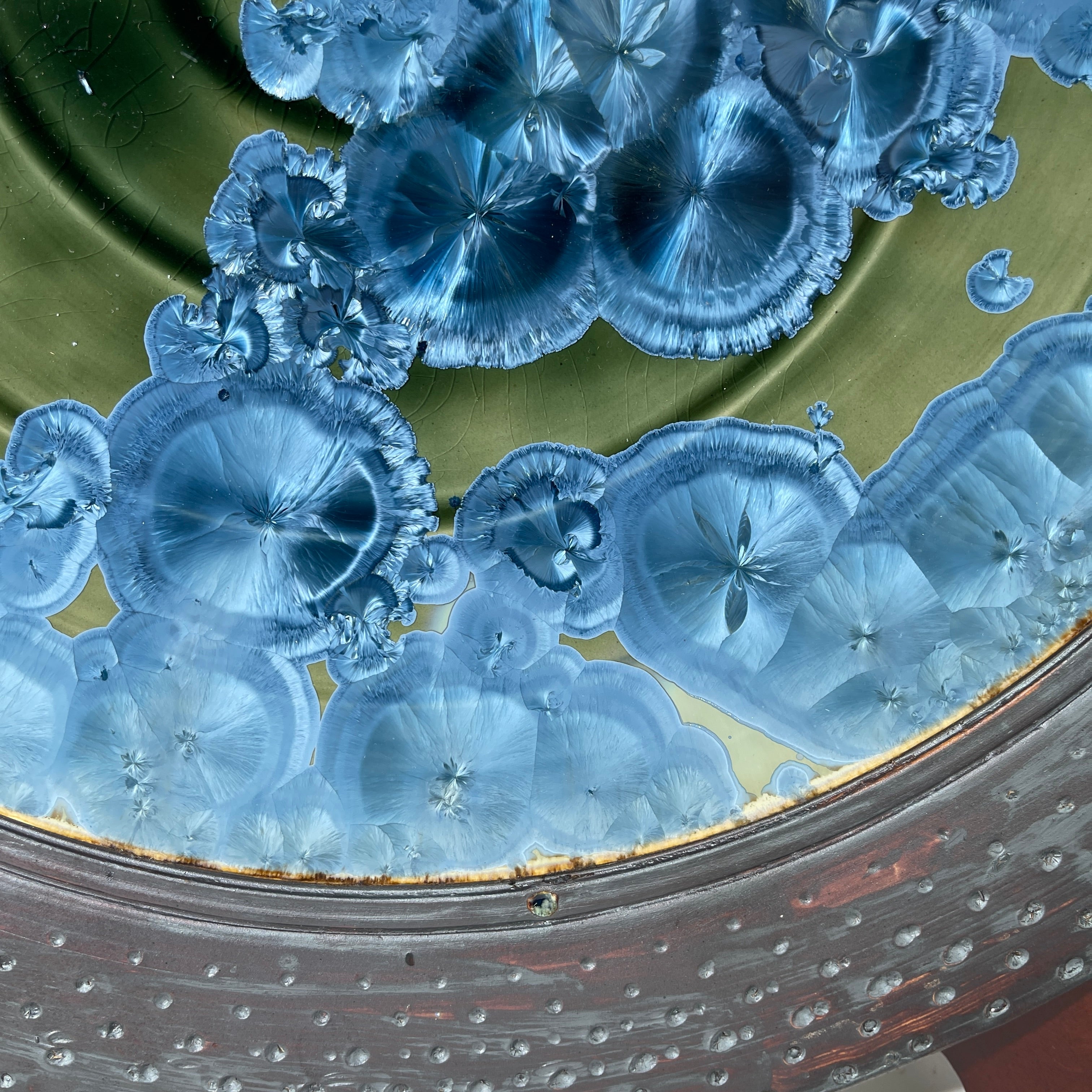 macro crystalline glazed hand made platter by Adam and hong Rubinstein olive to sparkling blue crystalline glazed