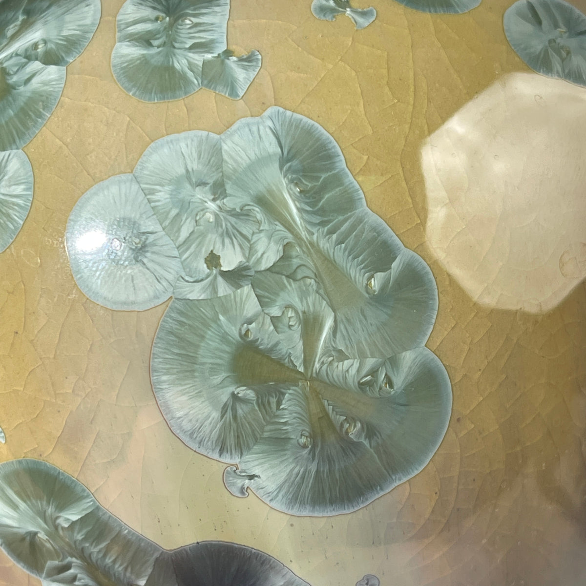  close up picture of a handmade soap dispenser with amazing crystalline formations in the glaze in green hues