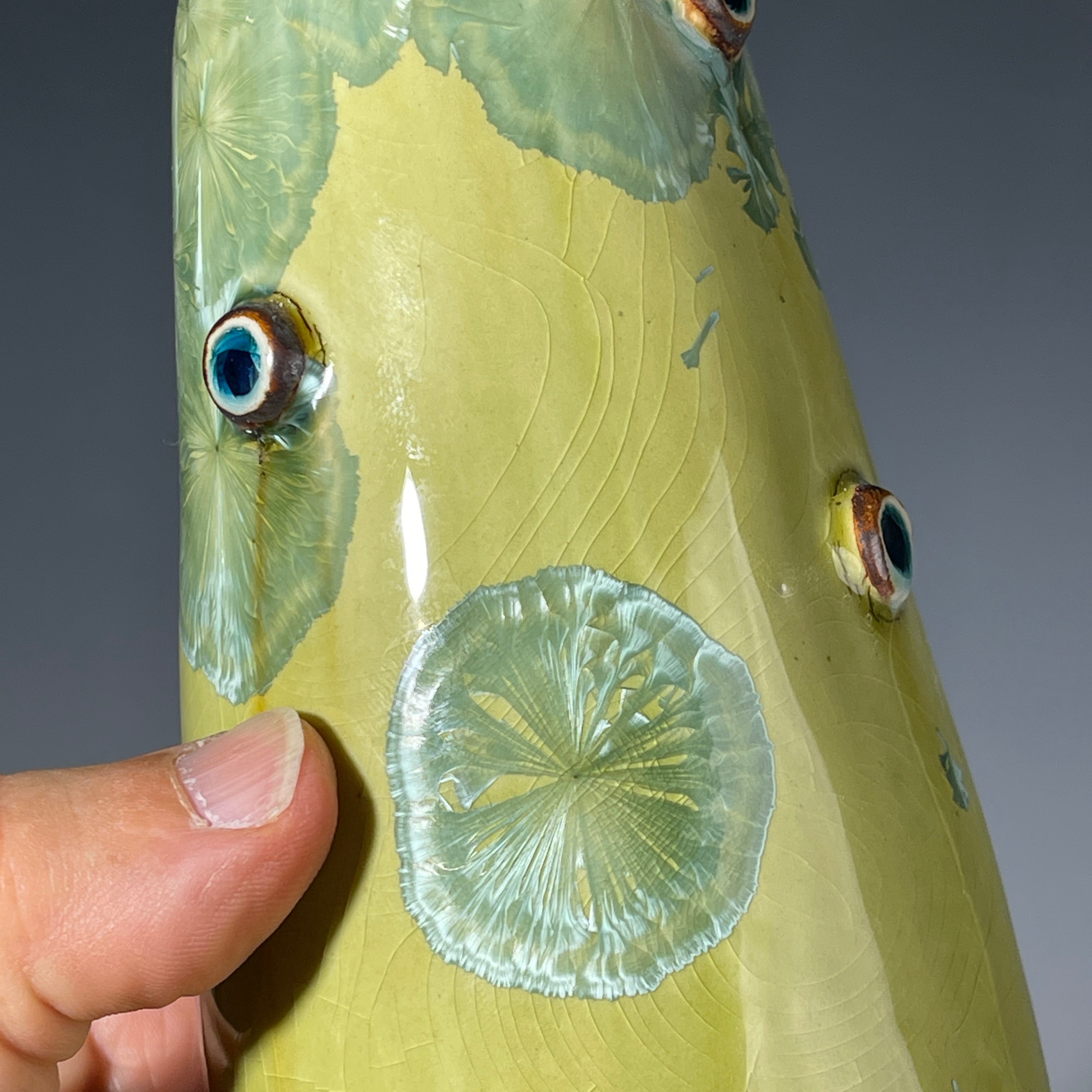 yellow green  macro crystal glazed handmade soap dispenser  mid century modern vibe