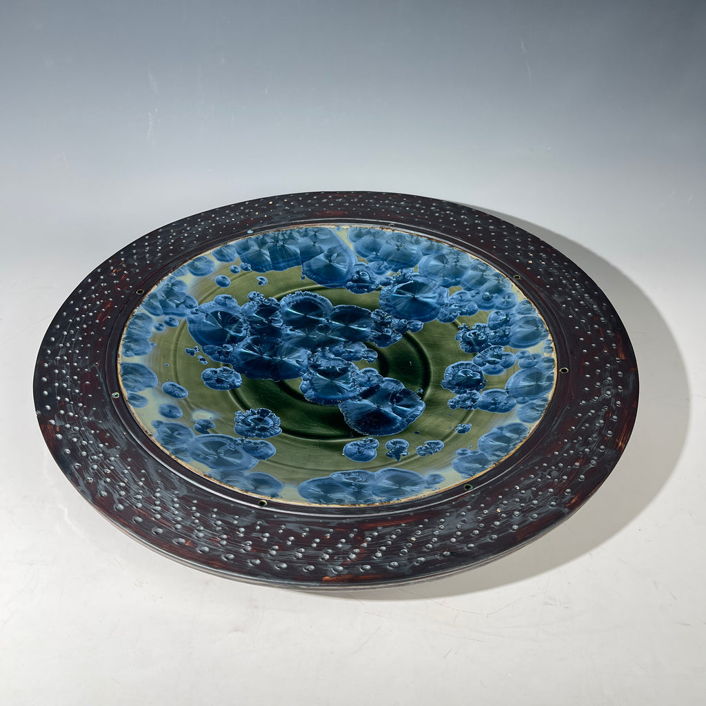 Macro crystalline glaze platter in chatoyant sparkle olive blue