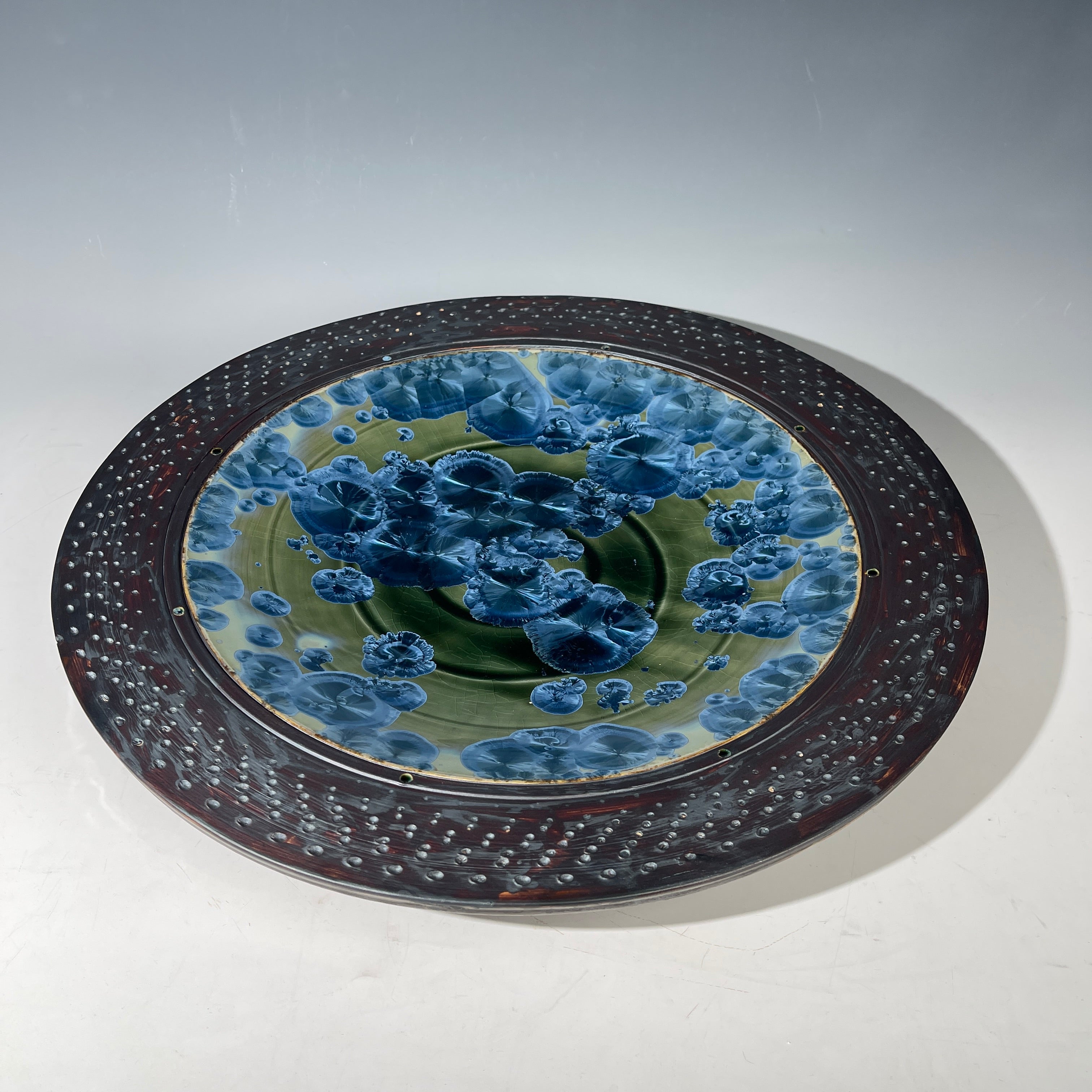 Macro crystalline glaze platter in chatoyant sparkle olive blue