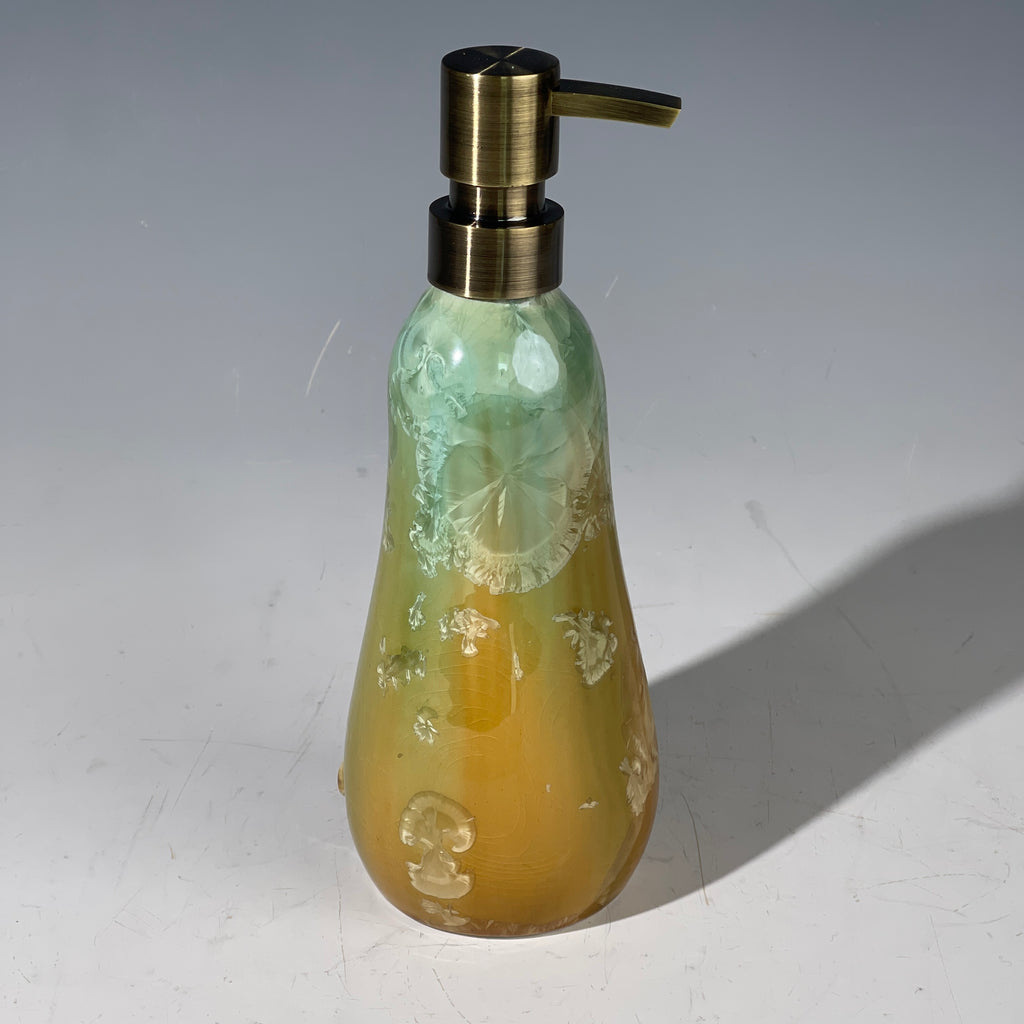 artistic soap dispenser in aqua fade to golden sunrise toned crystalline glaze