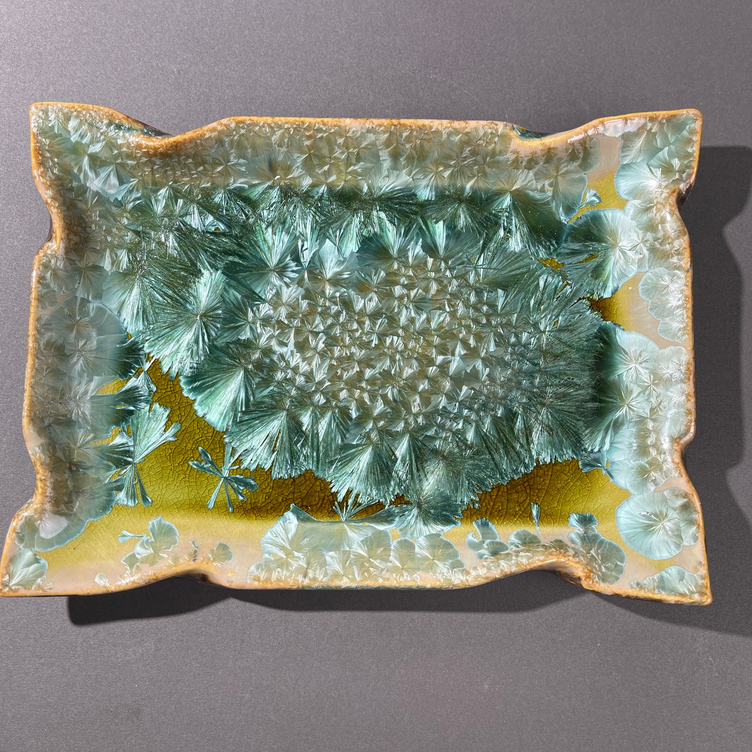 spring green refractive macro crystalline glazed tray by Hong Rubinstein