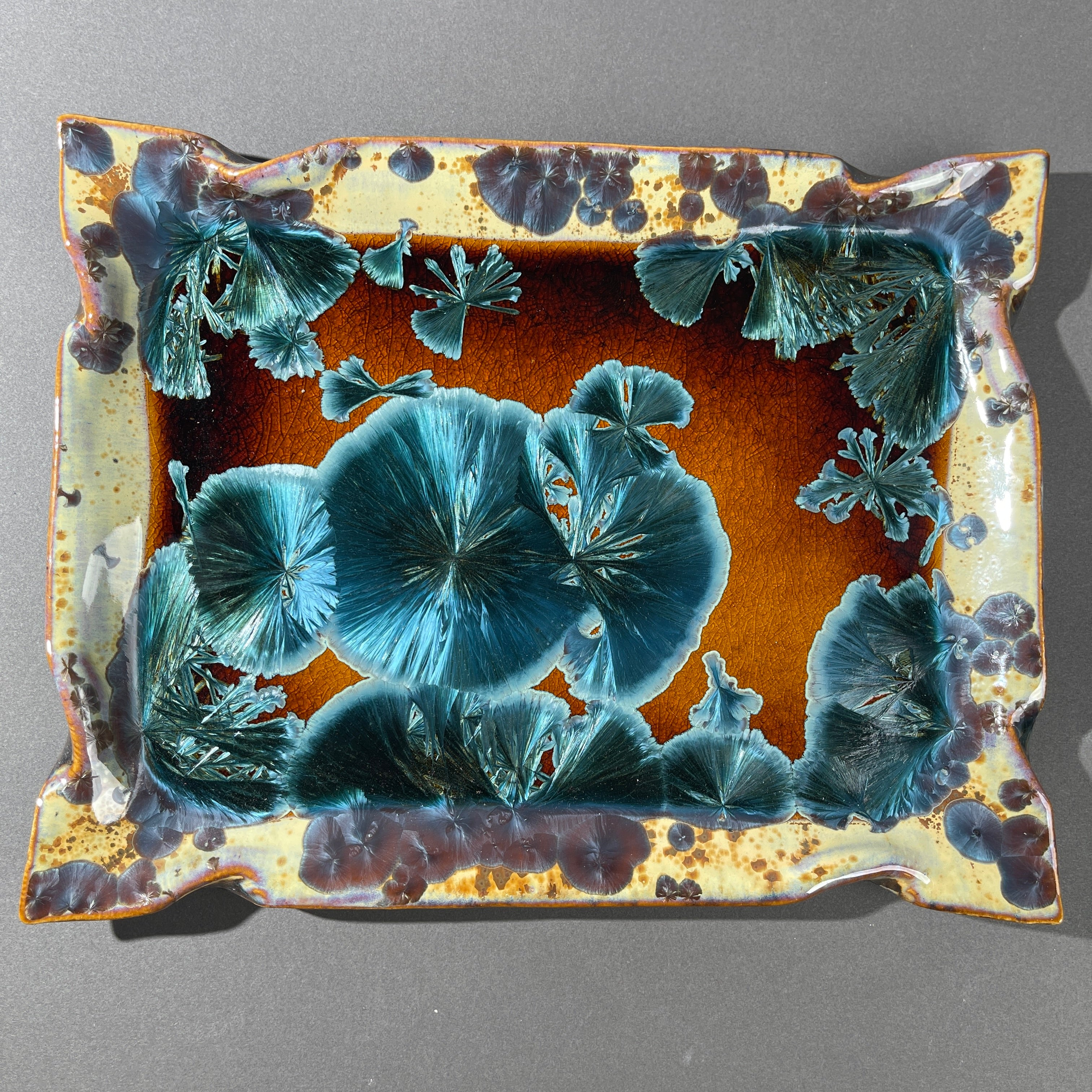 honey teal almond color macro crystalline glazed ceramic tray by Hong Rubinstein of One Dream DesignTM