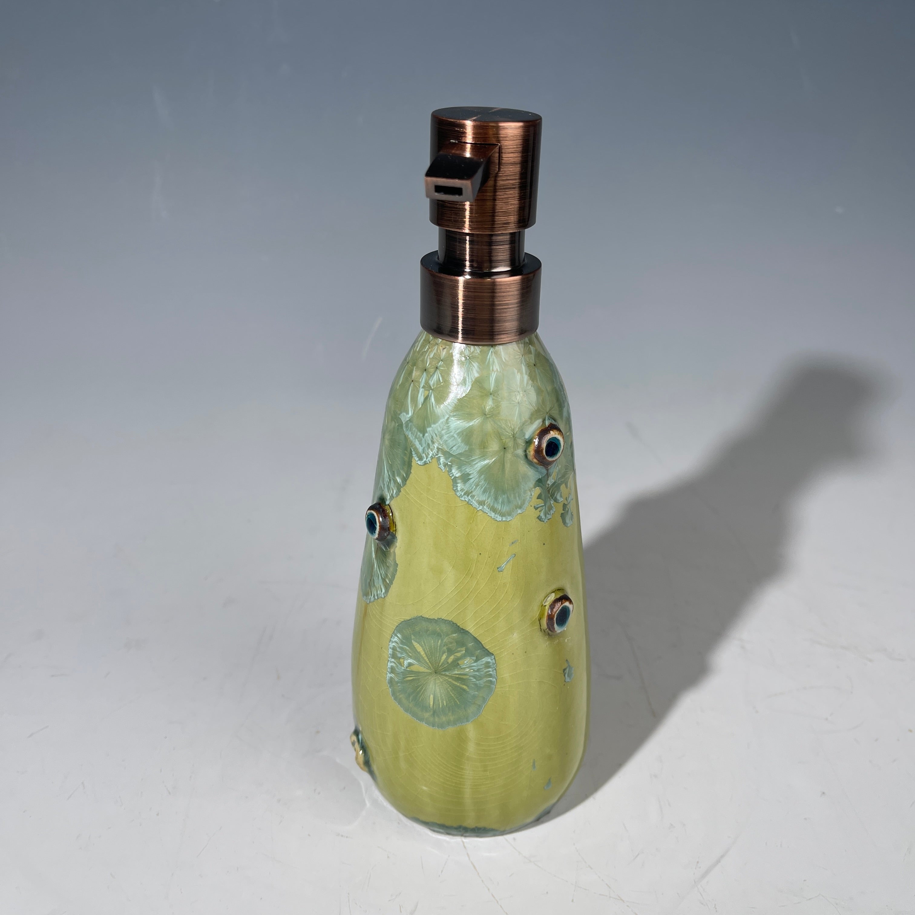 yellow green  macro crystal glazed handmade soap dispenser  mid century modern vibe
