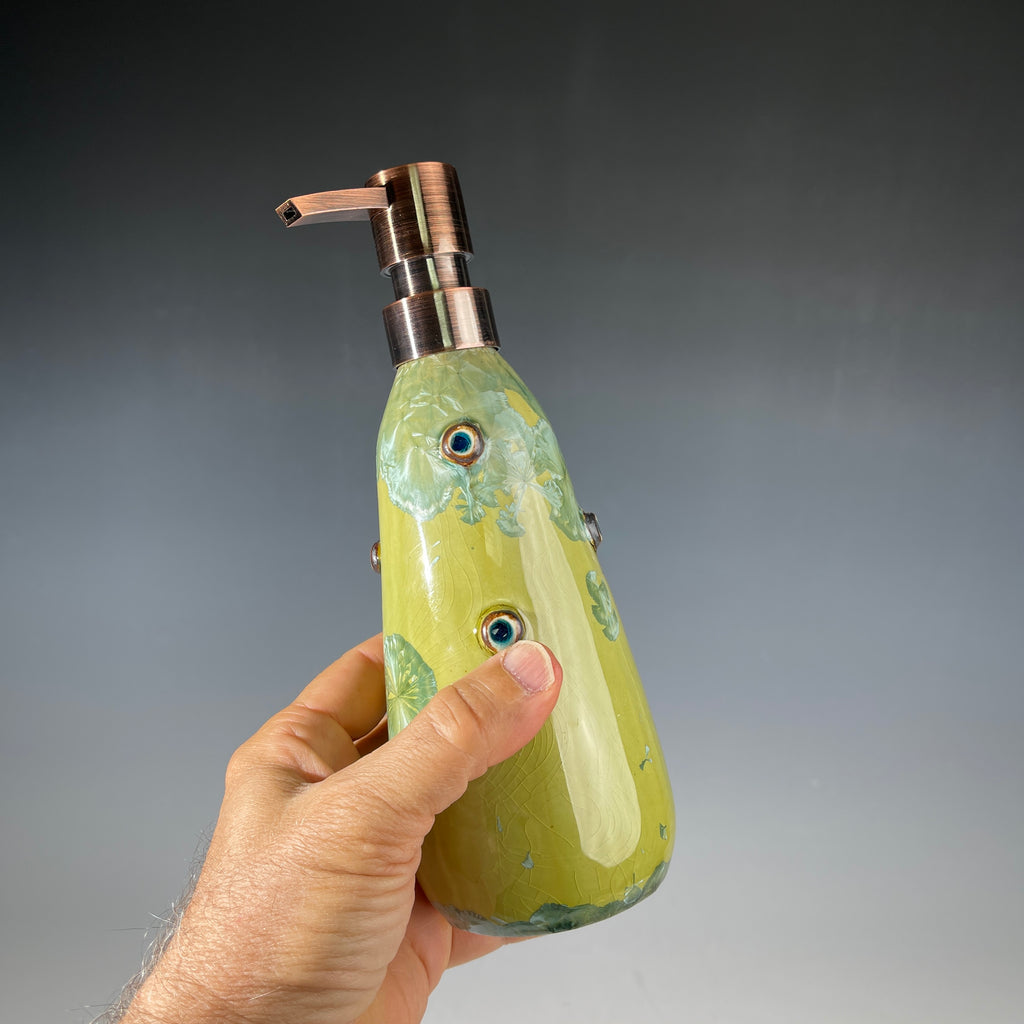 yellow green  macro crystal glazed handmade soap dispenser  mid century modern vibe