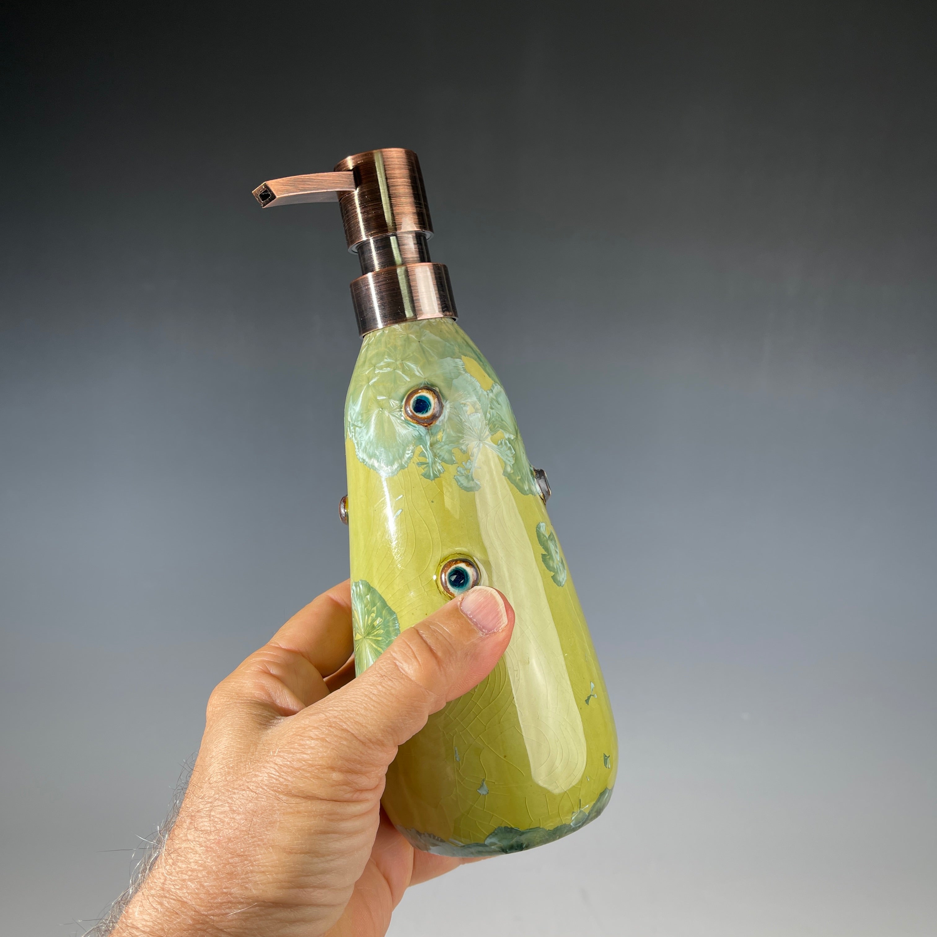 yellow green  macro crystal glazed handmade soap dispenser  mid century modern vibe