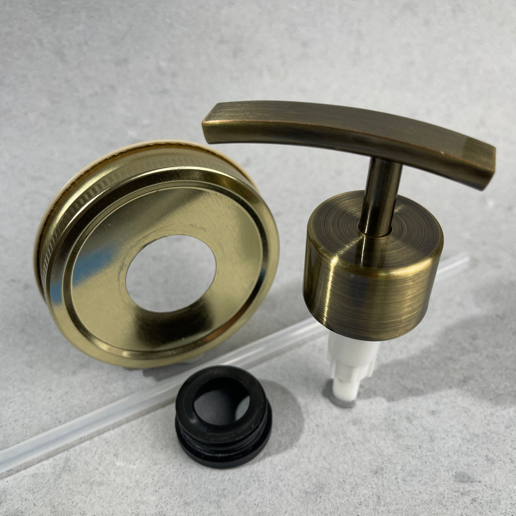 brass gold toned mason jar soap pump kit with rainbow brass finish pump