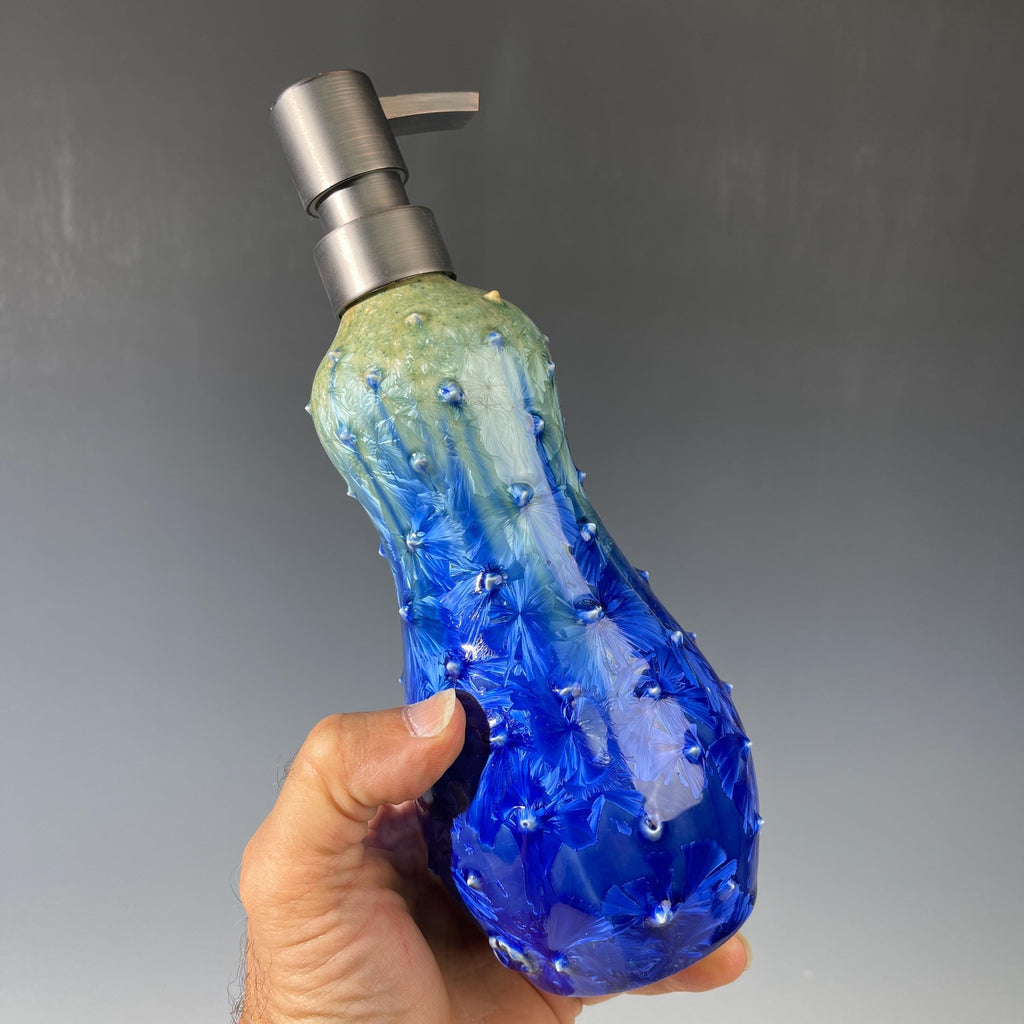 Soap Pump, Tall Lotion Dispenser Pump chartreuse green cobalt blue  studded Sparkle Crystalline Glaze