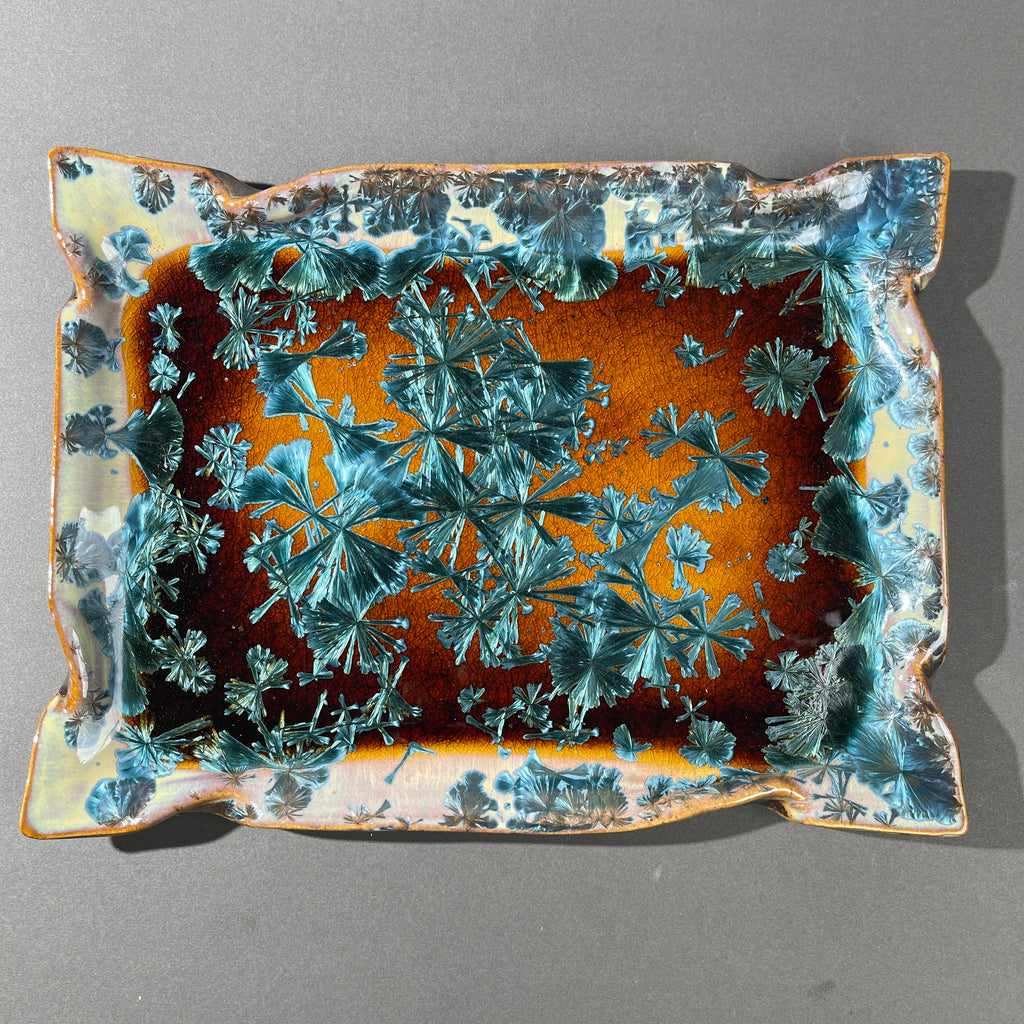 Macro-crystalline glazed tray  in amber to teal glaze by Hong Rubinstein of One Dream DesignTM