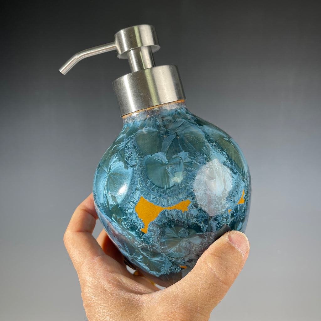 Foam Soap Pump, big Amber orange with blue crystalline glaze with stainless top