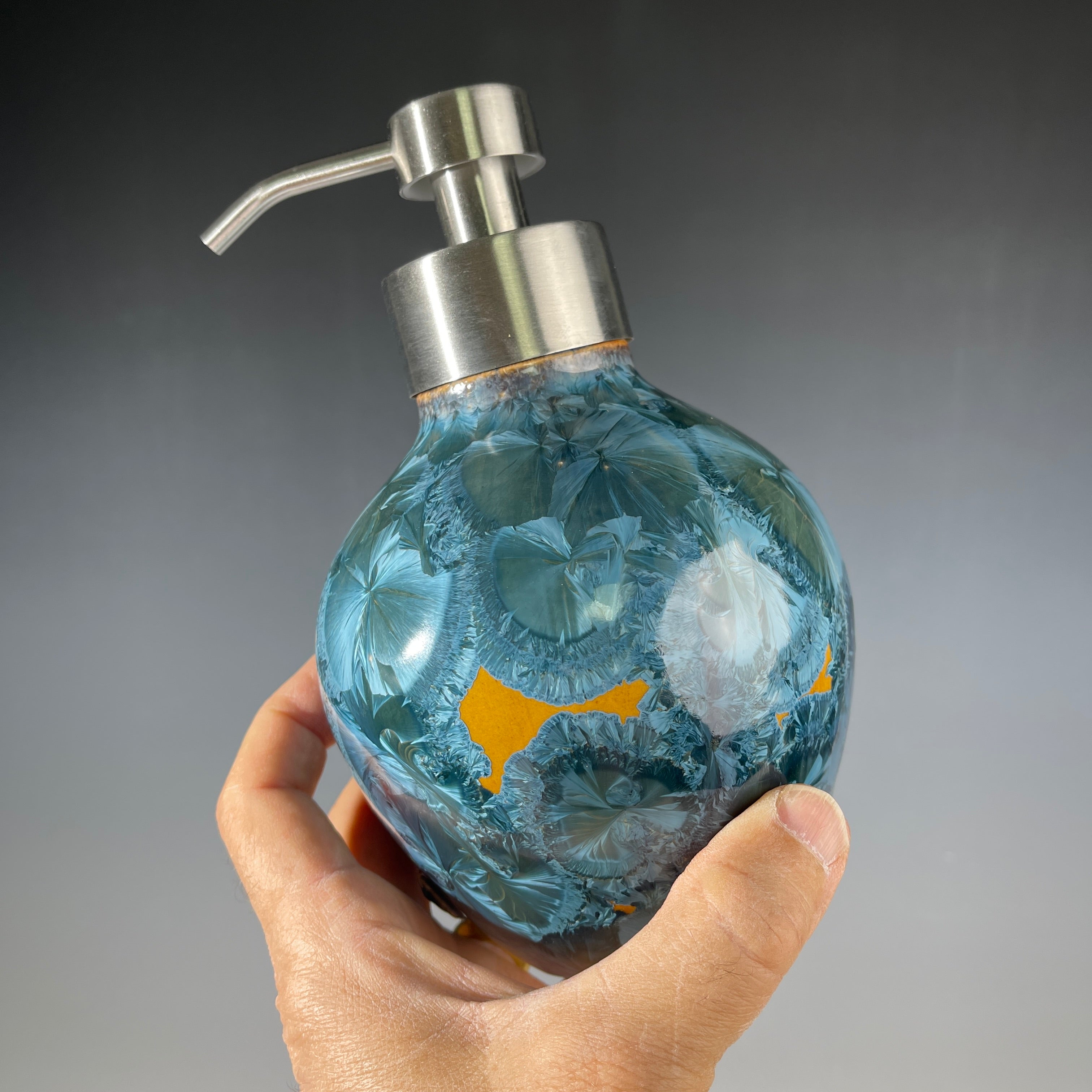 Foam Soap Pump, big Amber orange with blue crystalline glaze with stainless top