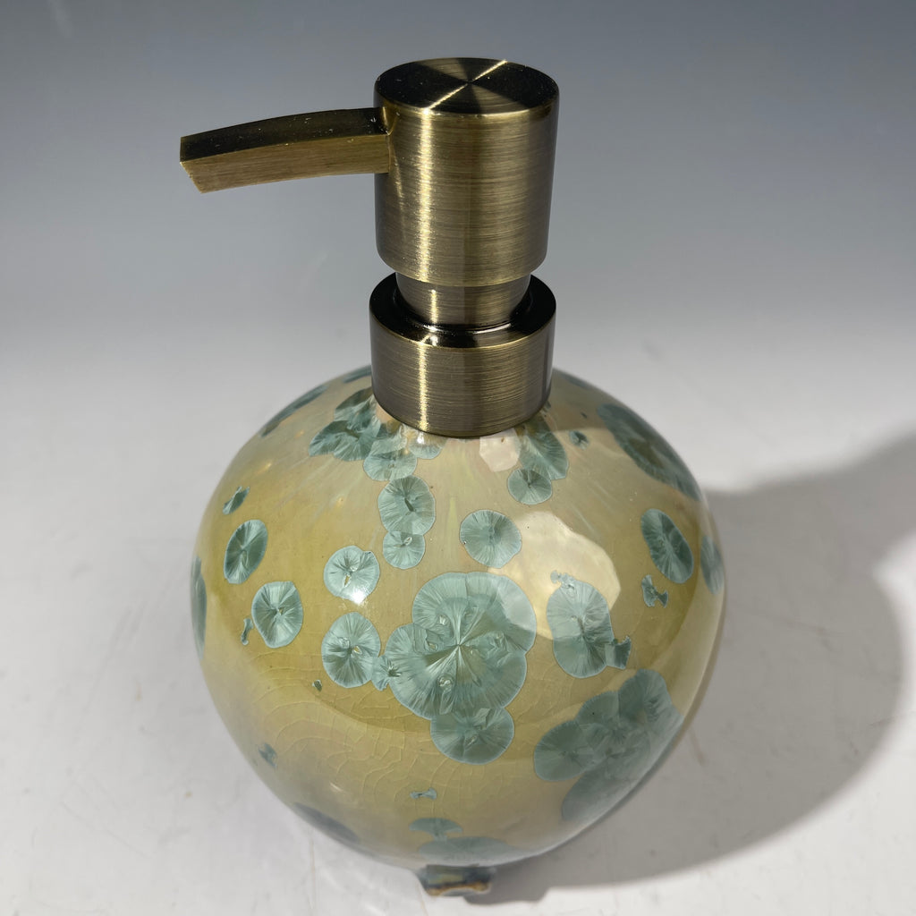 handmade soap dispenser with amazing crystalline formations in the glaze in green hues