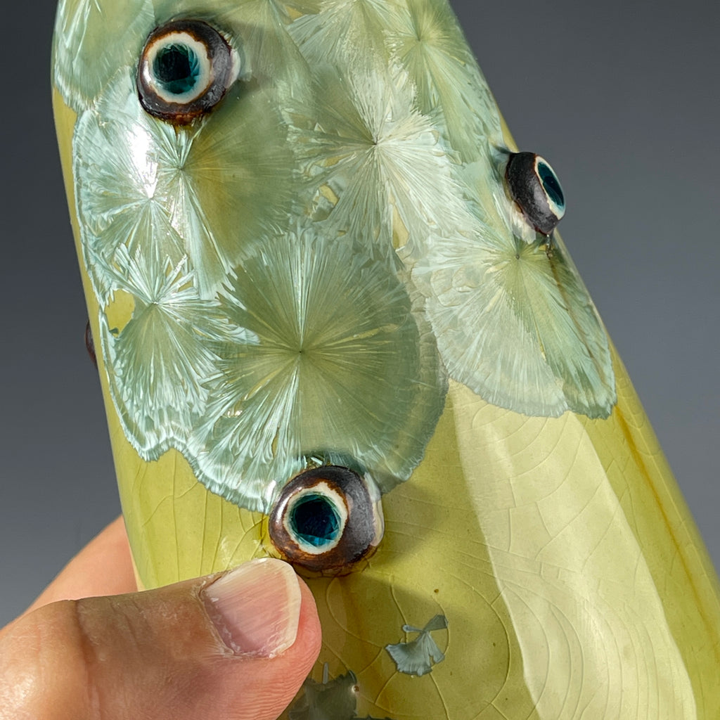 yellow green  macro crystal glazed handmade soap dispenser  mid century modern vibe
