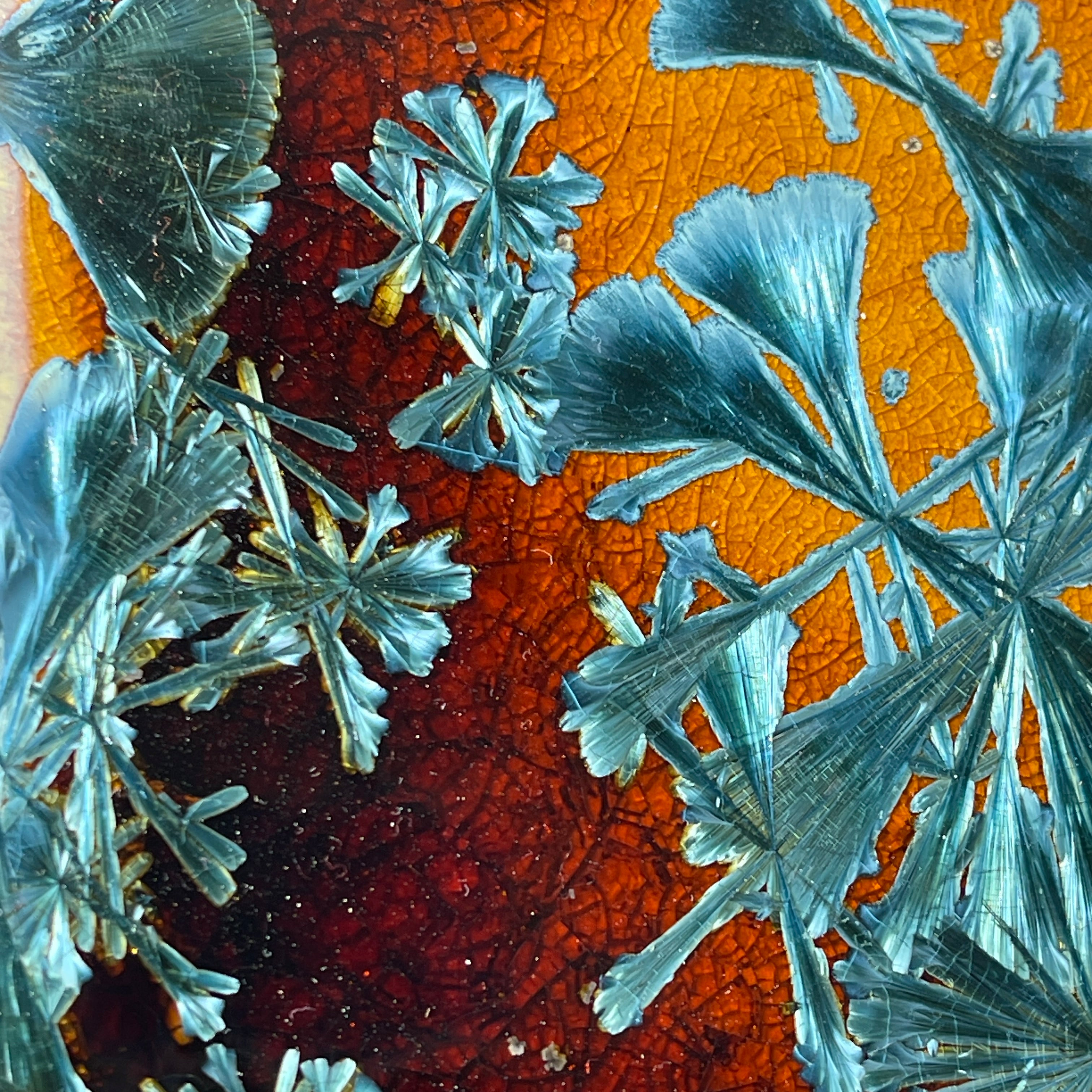 Macro-crystalline glazed tray  in amber to teal glaze by Hong Rubinstein of One Dream DesignTM