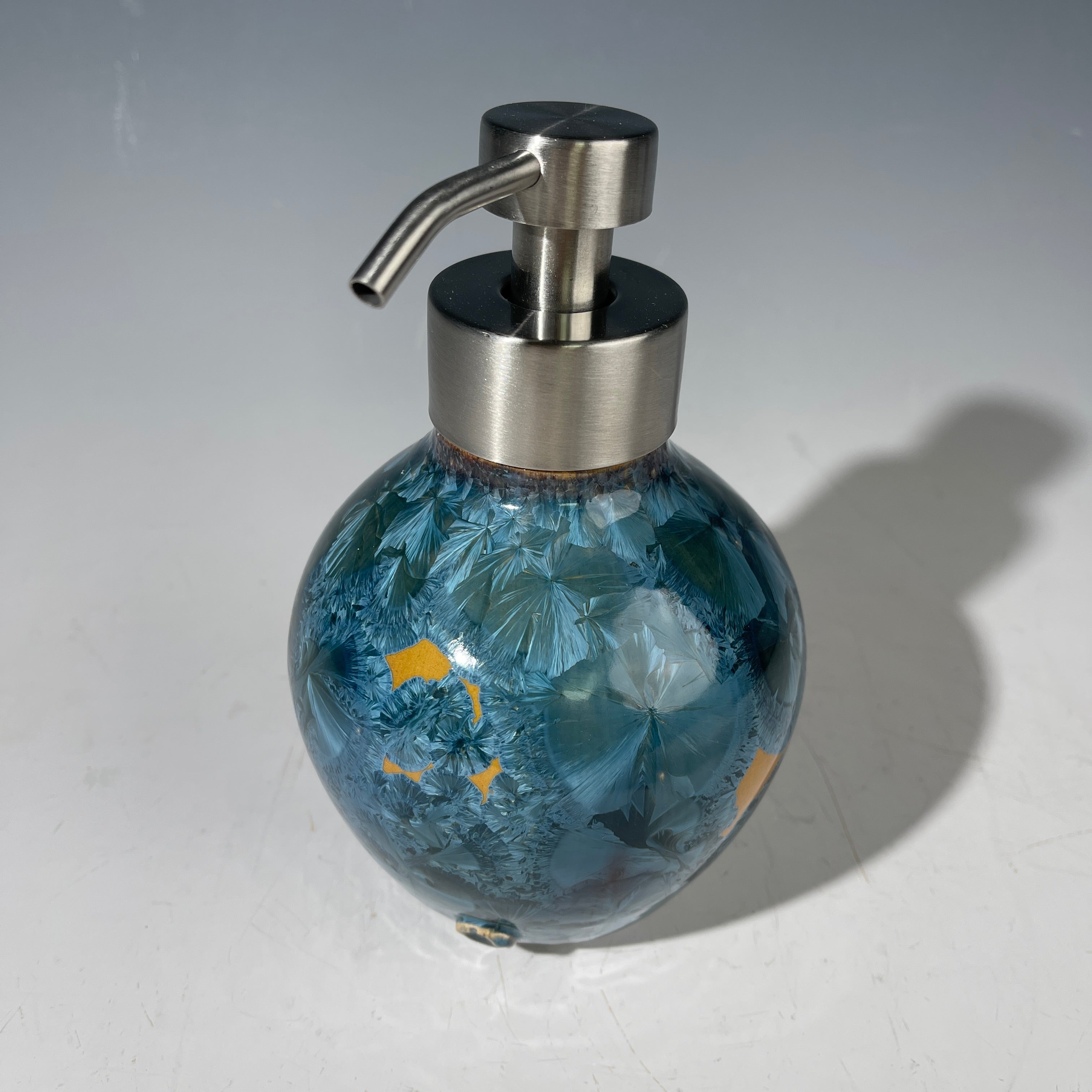 Foam Soap Pump, big Amber orange with blue crystalline glaze with stainless top
