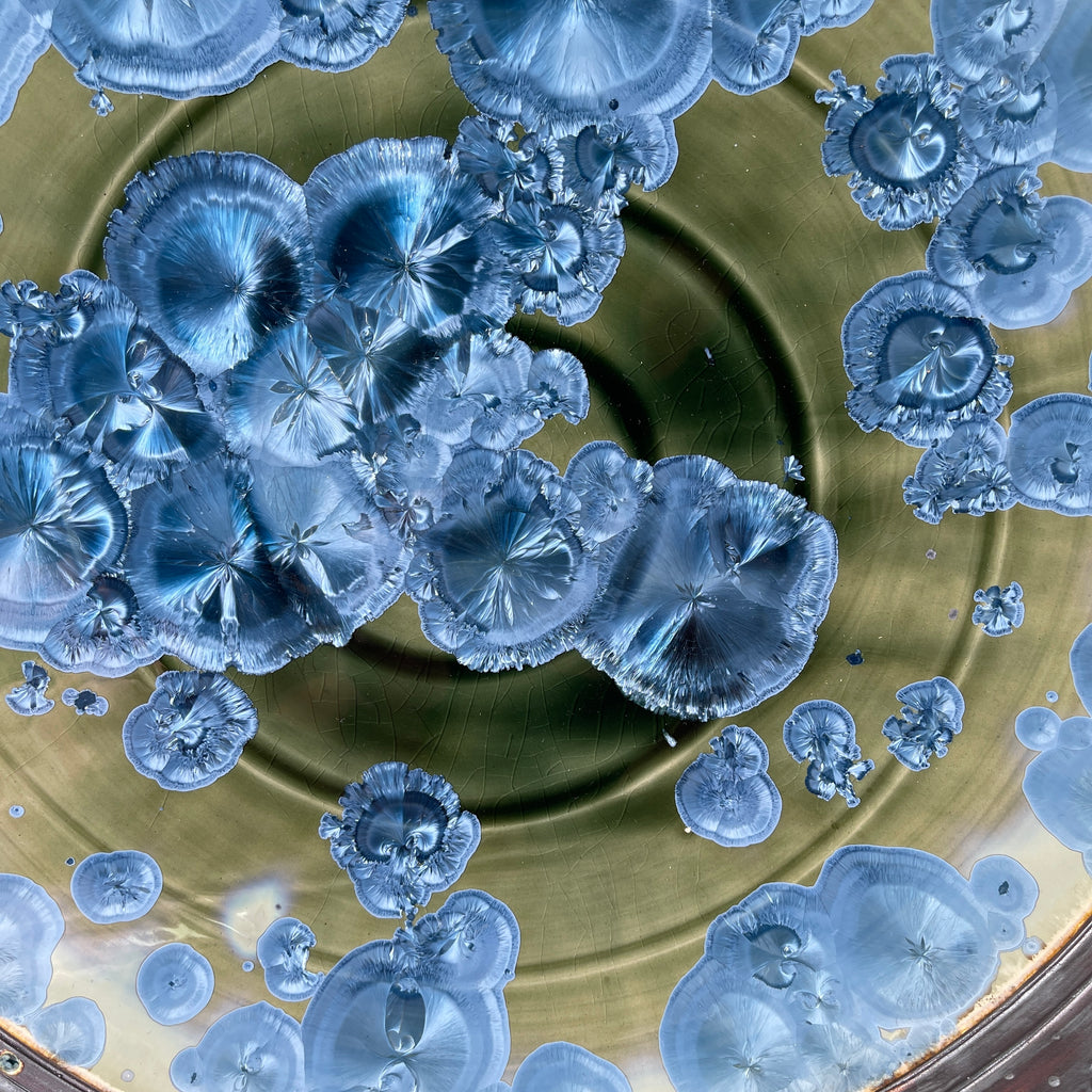 macro crystalline glazed hand made platter by Adam and hong Rubinstein olive to sparkling blue crystalline glazed