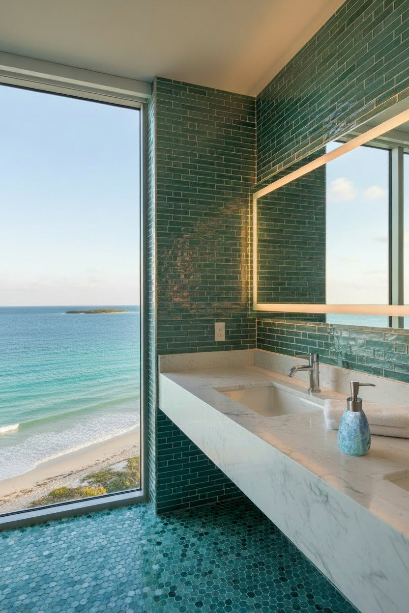 A decorative soap dispenser with a teardrop-shaped light blue green crystalline glazed body and a brushed silver metal pump in a beach bathroom example