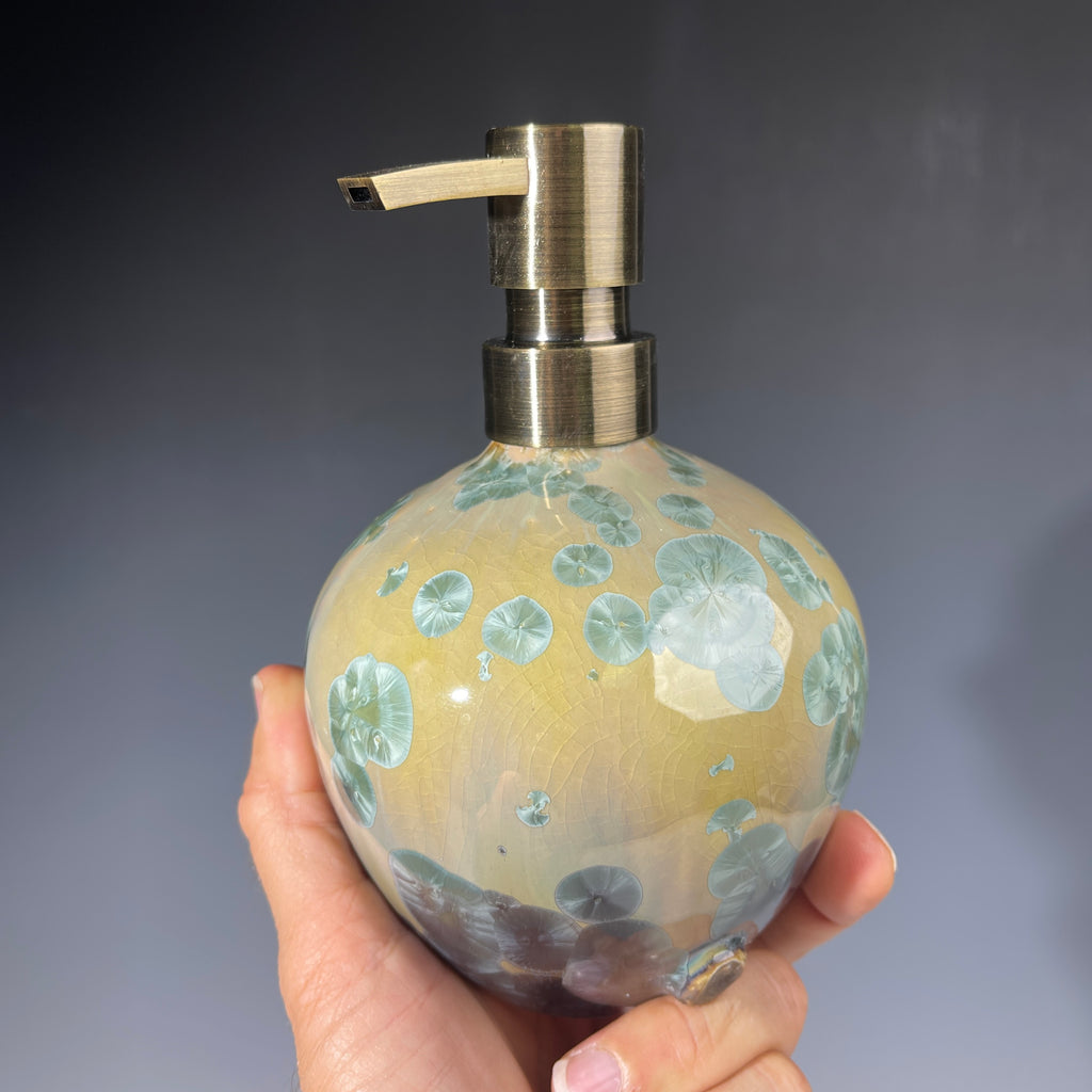 handmade soap dispenser with amazing crystalline formations in the glaze in green hues