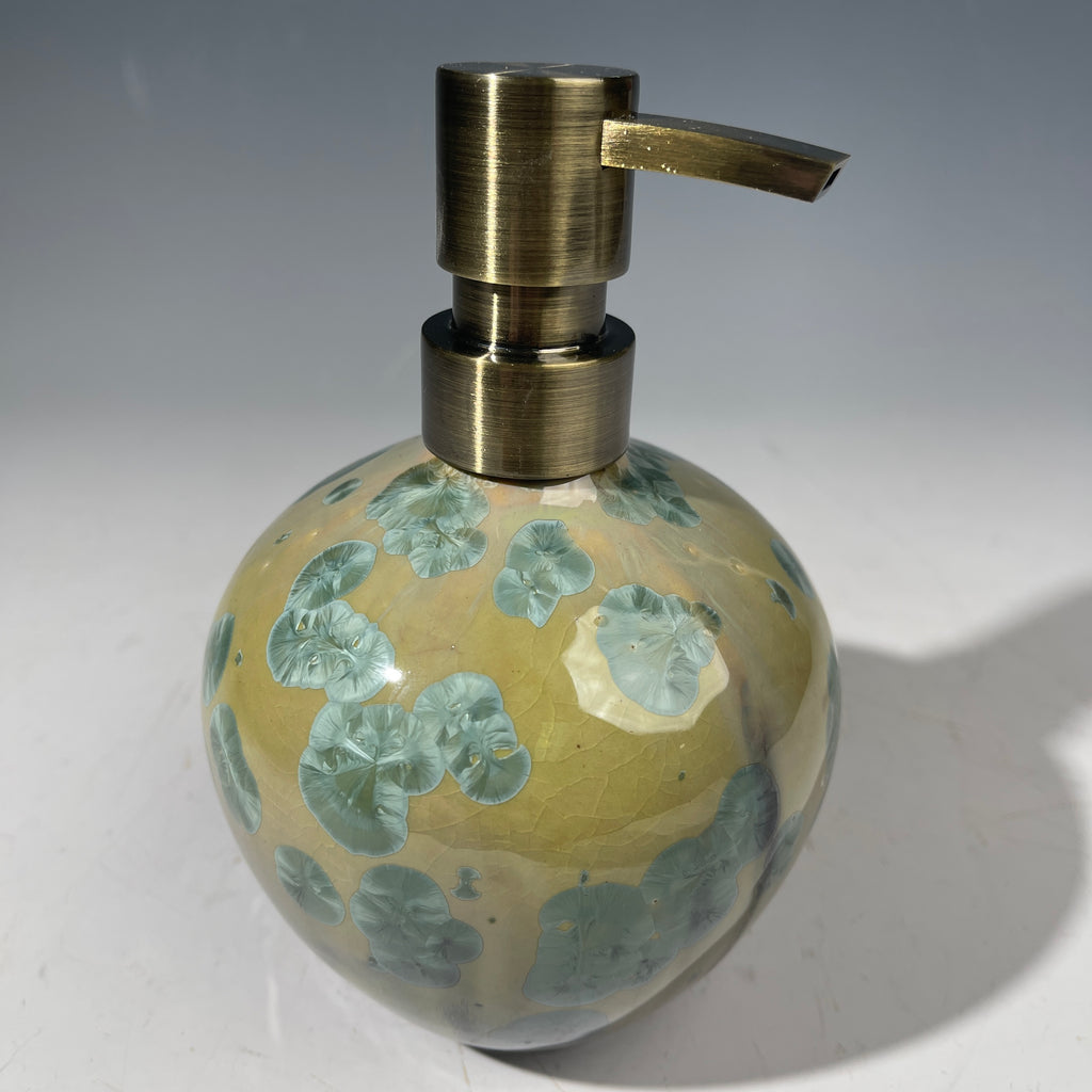 handmade soap dispenser with amazing crystalline formations in the glaze in green hues