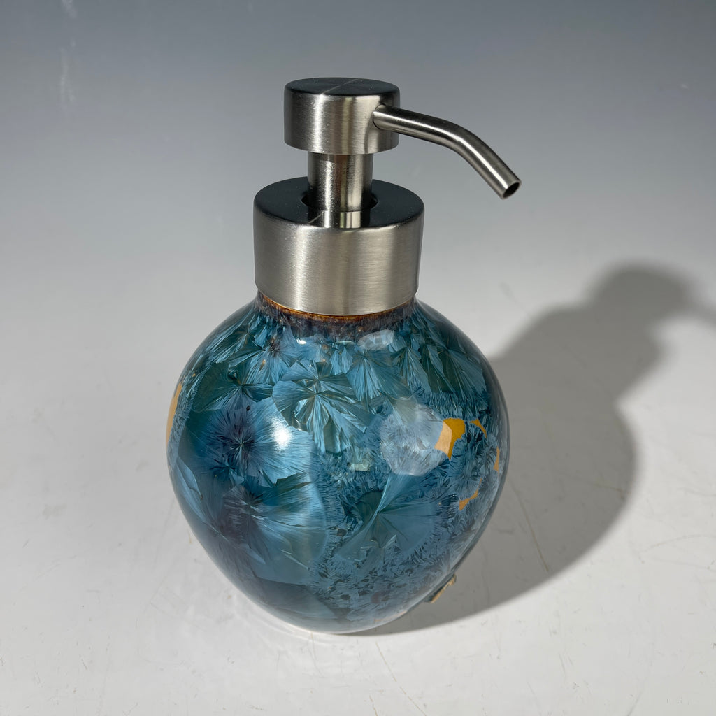 Foam Soap Pump, big Amber orange with blue crystalline glaze with stainless top