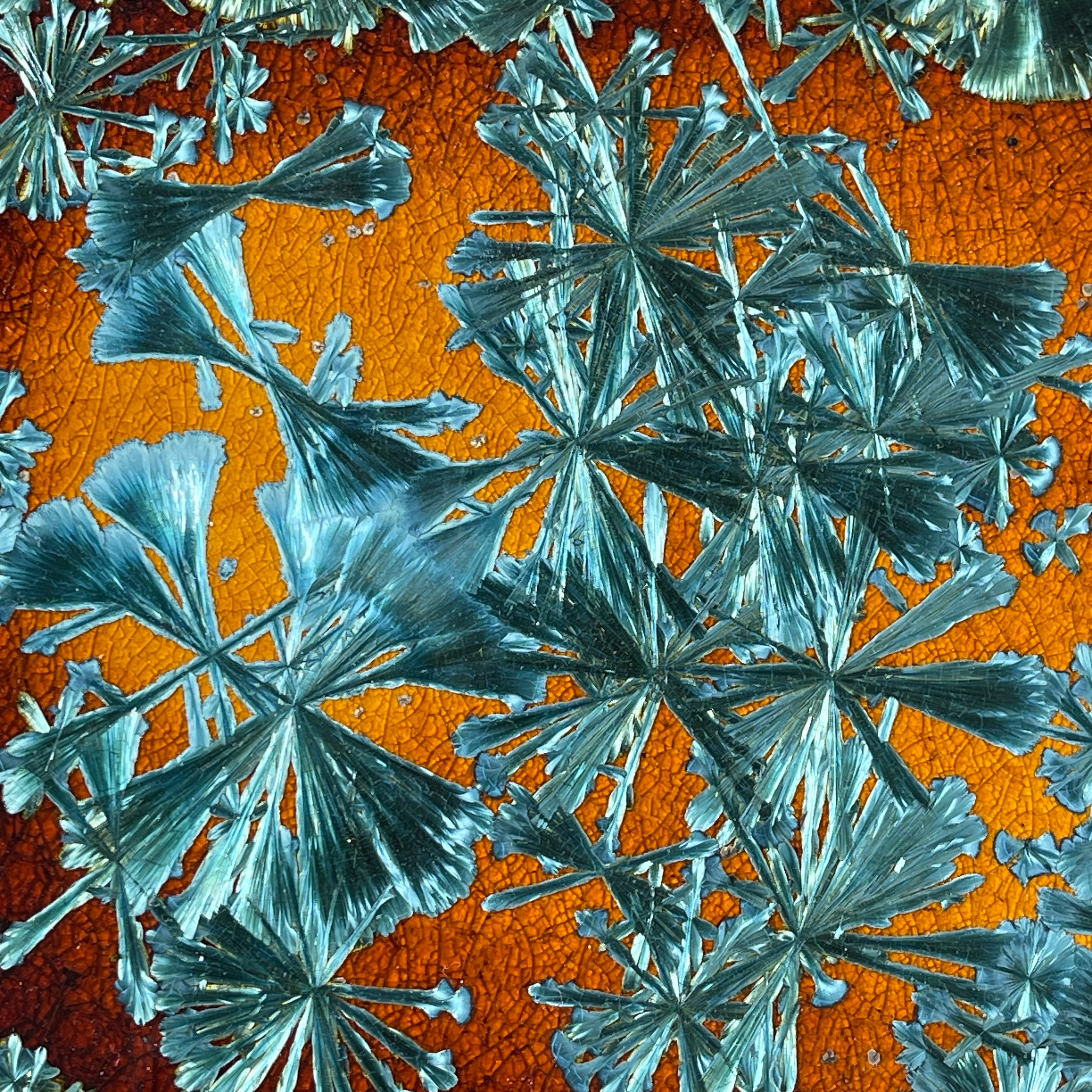 Macro-crystalline glazed tray  in amber to teal glaze by Hong Rubinstein of One Dream DesignTM