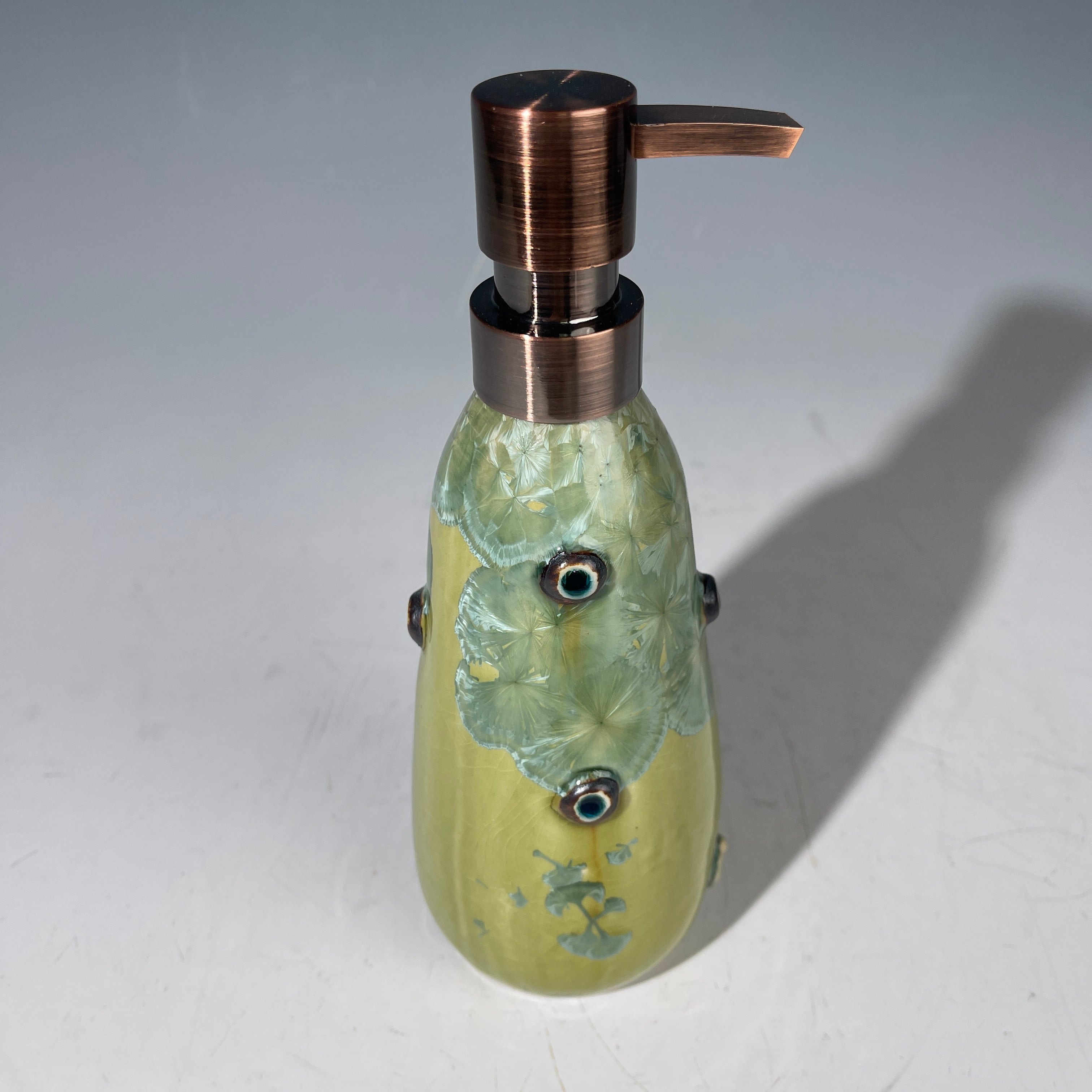 yellow green  macro crystal glazed handmade soap dispenser  mid century modern vibe