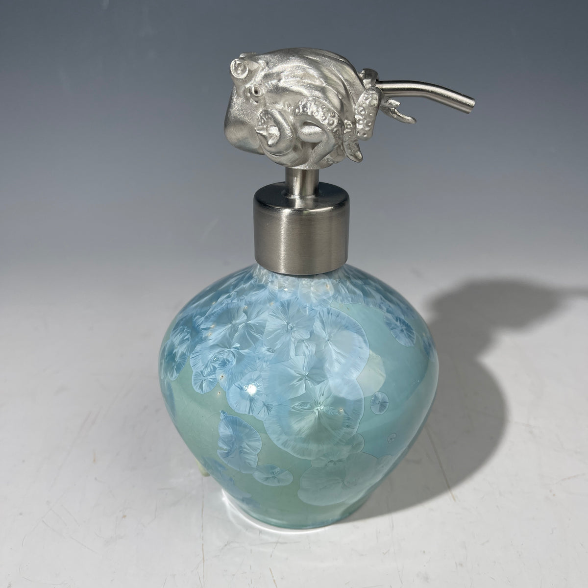 octopus topped pewter handmade soap pump crystalline glazed in ocean hues
