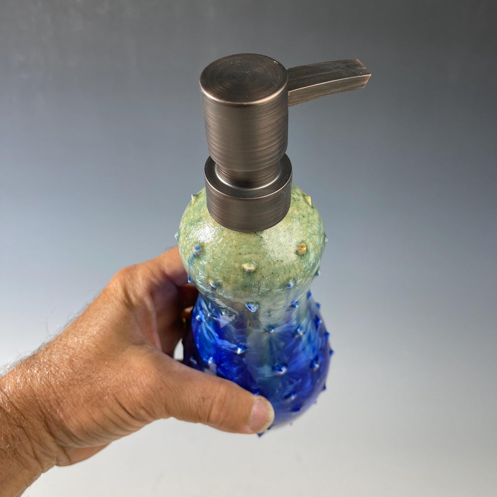 Soap Pump, Tall Lotion Dispenser Pump chartreuse green cobalt blue  studded Sparkle Crystalline Glaze