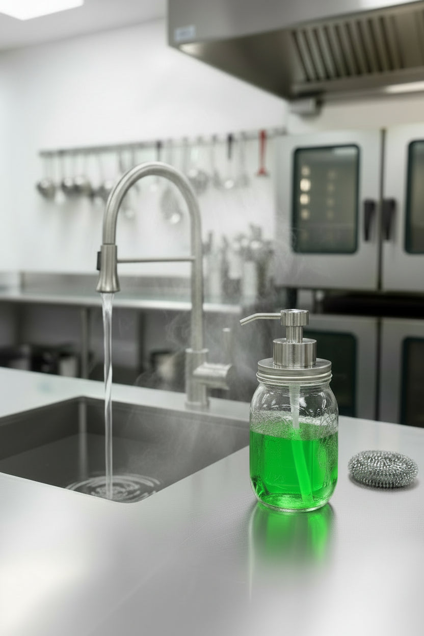 wide mouth mason jar foaming soap pump kit stainless steel pictured on a bottle in a commercial kitchen