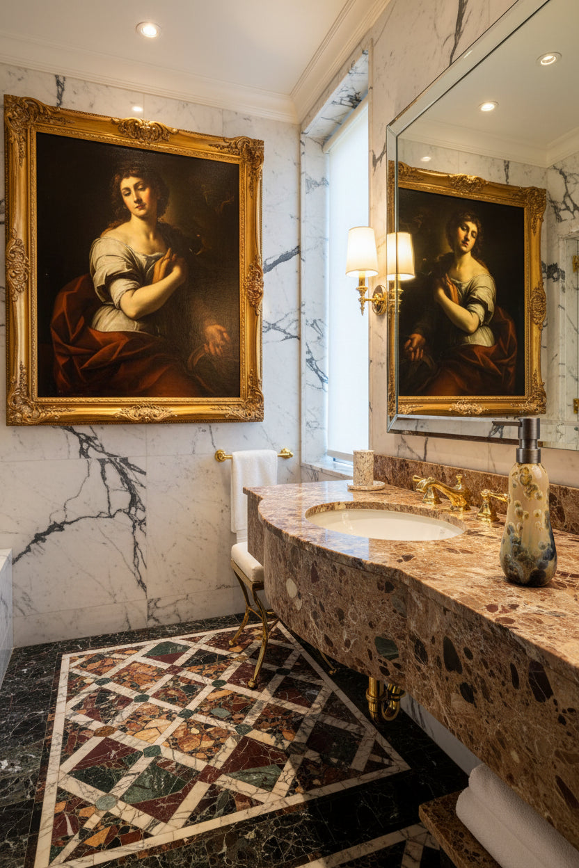 in a bathroom featuring the art of Hong Rubinstein's soap pump