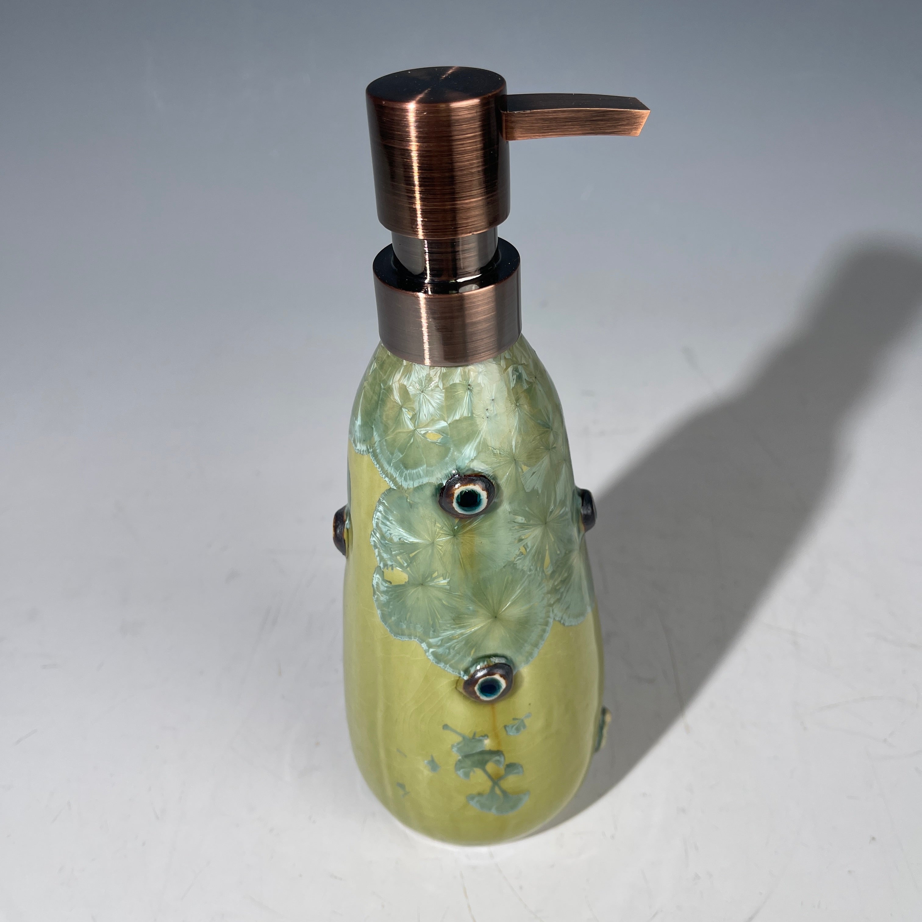yellow green  macro crystal glazed handmade soap dispenser  mid century modern vibe