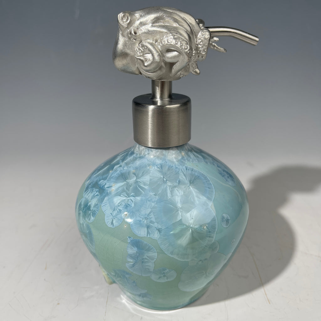 pewter octopus sculpture topped soap dispenser crystalline glazed in ocean hues with aqua sky blue macro crystalline glaze