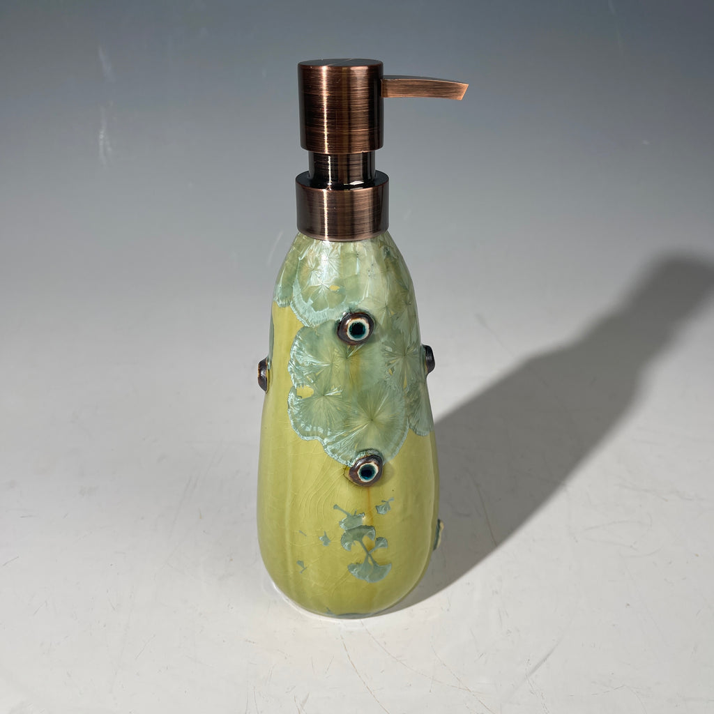 yellow green  macro crystal glazed handmade soap dispenser  mid century modern vibe