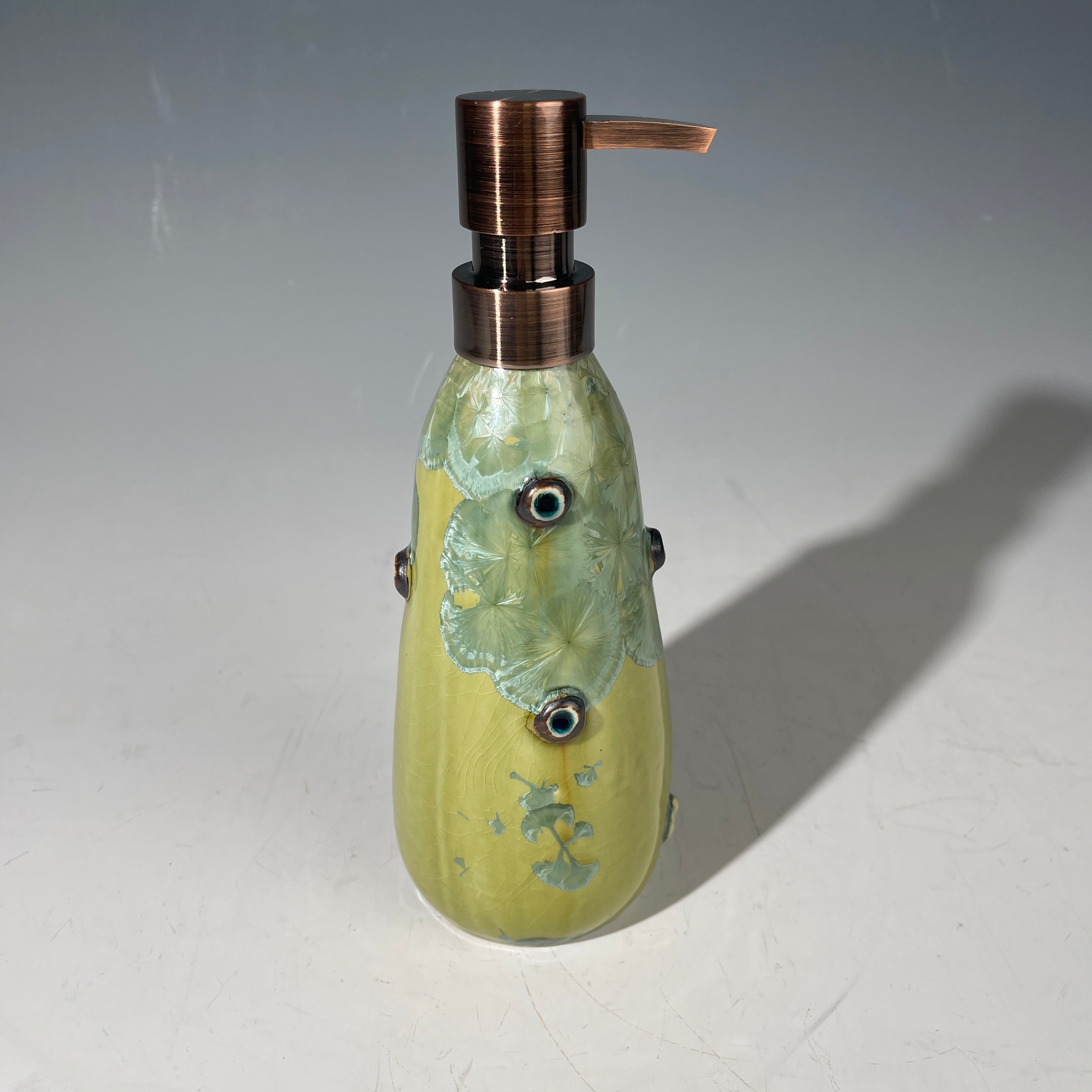 yellow green  macro crystal glazed handmade soap dispenser  mid century modern vibe